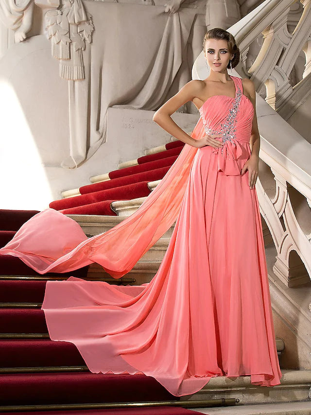 Elegant A-Line Chiffon Wedding Guest Dress with Crystal Draping - One Shoulder Sleeveless Court Train Gown for Formal Events, Evening Parties & Special Occasions