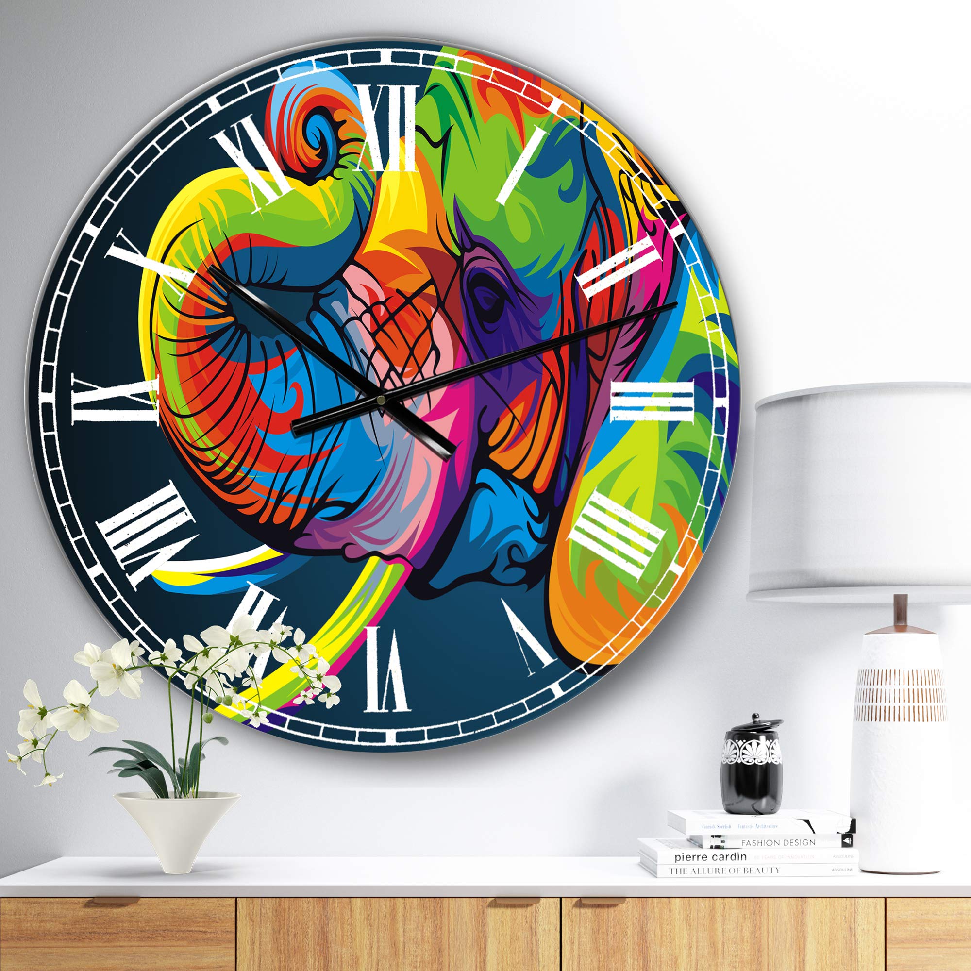 Designart Happy Rainbow Elephant Wall Art - Modern Round Metal Wall Clock for Home, Living Room, Bedroom & Office Decor | Contemporary Circle Wall Decoration | Perfect Gift for Housewarming, Birthday & Nursery
