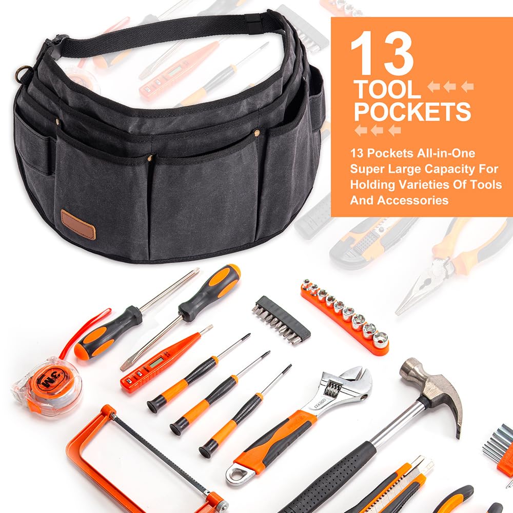 Heavy Duty Waxed Canvas Tool Waist Apron with 10 Pockets & 2 Hammer Loops - Adjustable Length Black Work Belt for Carpenters, Electricians & DIY Projects