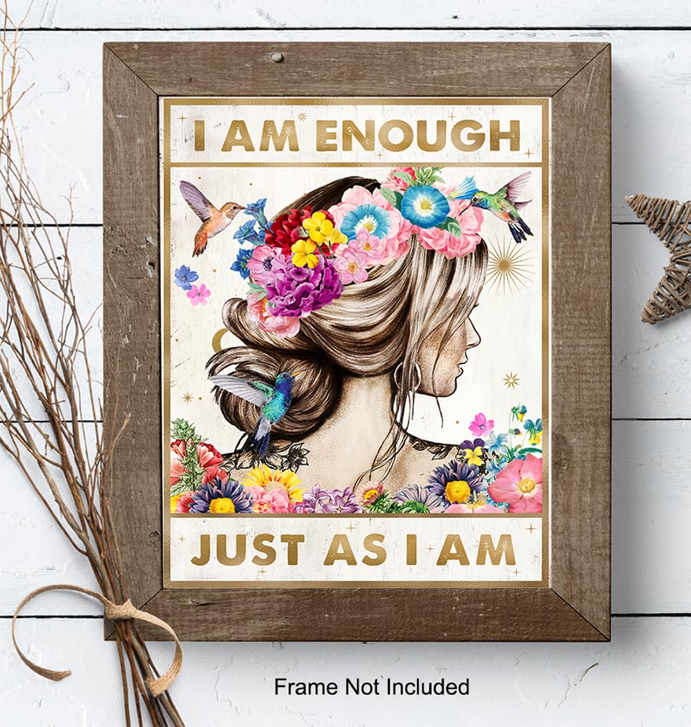 Inspirational Wall Art with Positive Quotes - Motivational Affirmations for Women & Teens - Zen & Boho Chic Room Decor - Perfect for Bedroom, Office & Daughter Gifts - 'I Am Enough' Poster