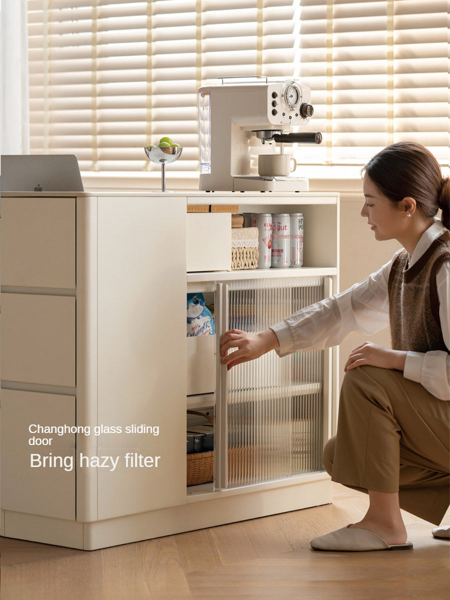 Solid Poplar Wood Dining Room Cabinet with Partition - White Cream Rock Board for Kitchen Storage & Home Organization