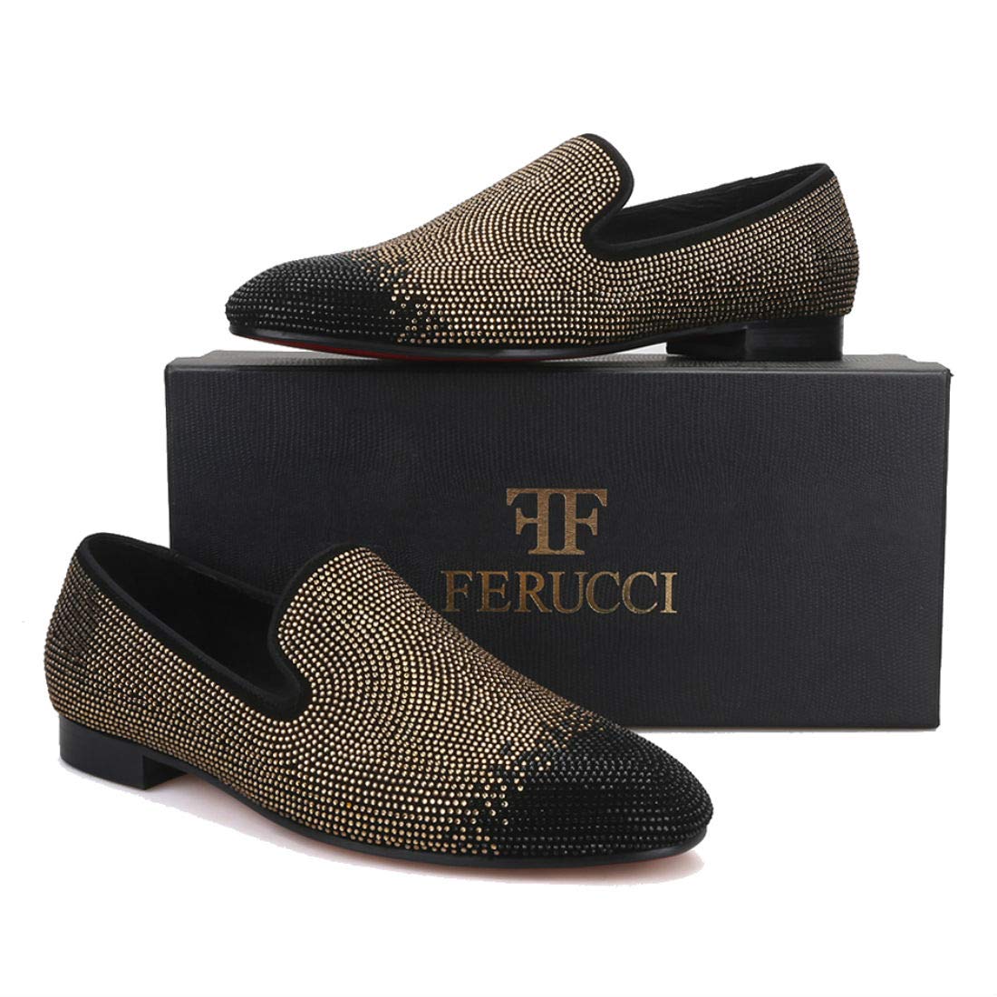 FERUCCI Men's Black & Gold Crystal Rhinestone Loafers - Luxury Slip-On Shoes for Casual Wear, Parties & Special Occasions