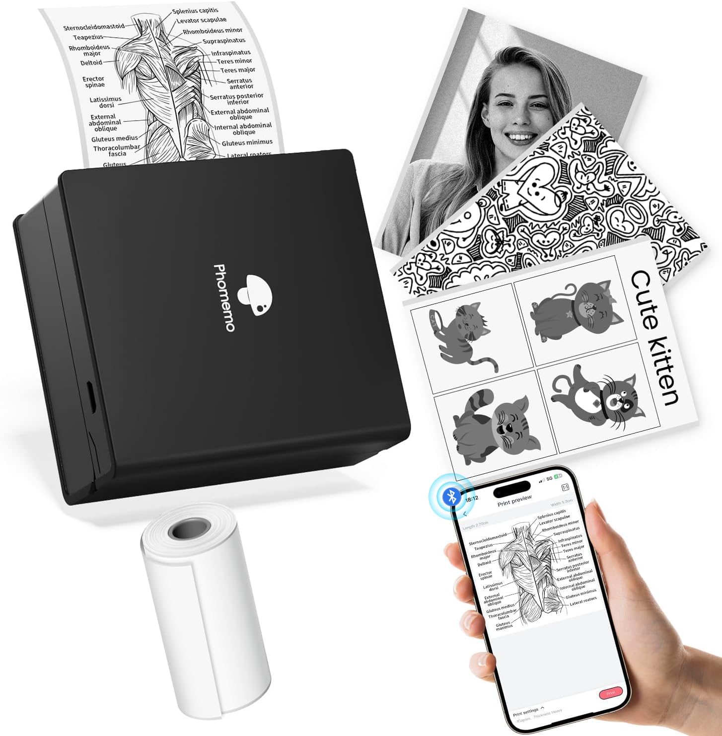 Portable Mini Bluetooth Thermal Sticker Printer - M02 with 1 Roll Paper for DIY Crafts, Study Notes, Journals & Work Planning | Perfect Gift for Students & Office Use | Black