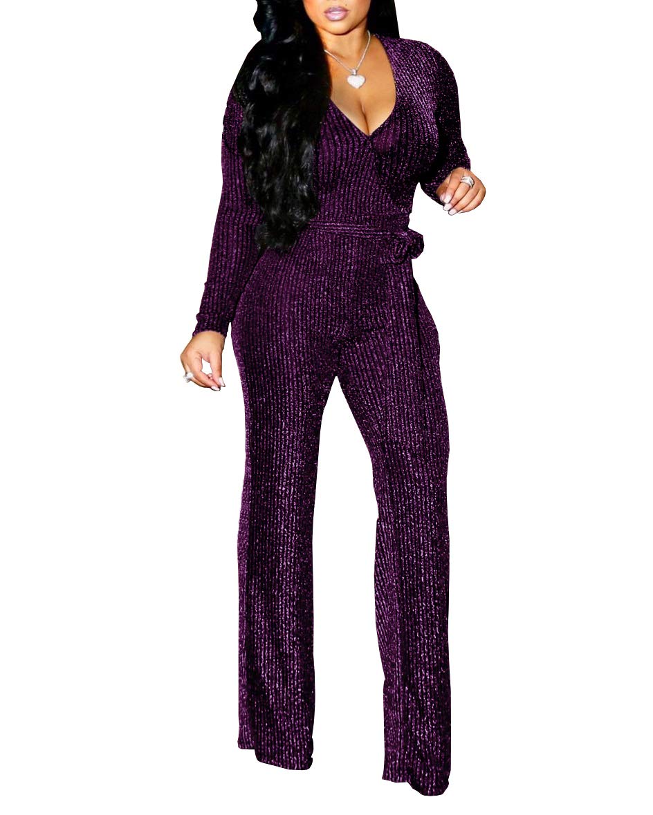 Sexy Sparkly Jumpsuit for Women - Deep V Neck Long Sleeve Clubwear with Belt | Perfect for Night Out, Party, and Special Occasions