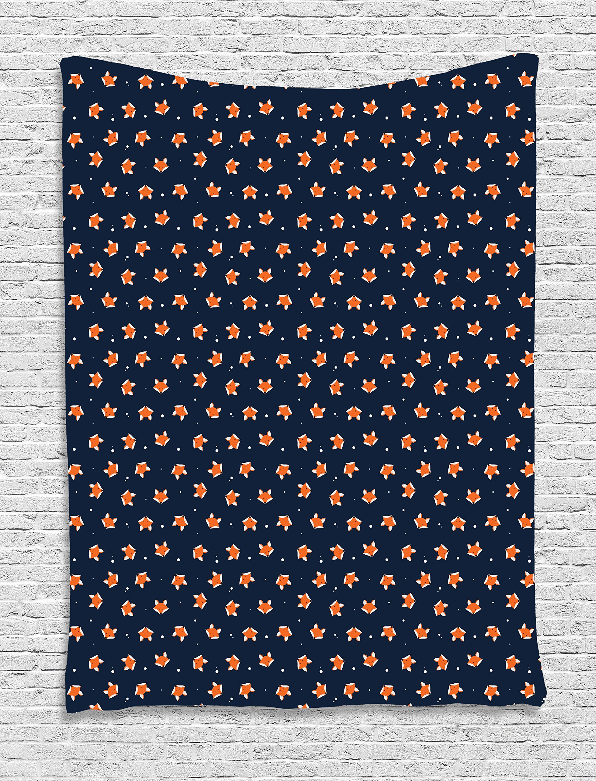 Ambesonne Fox Tapestry Wall Hanging - Orange Forest Animal Portrait with Abstract Blue Dotted Background - 60