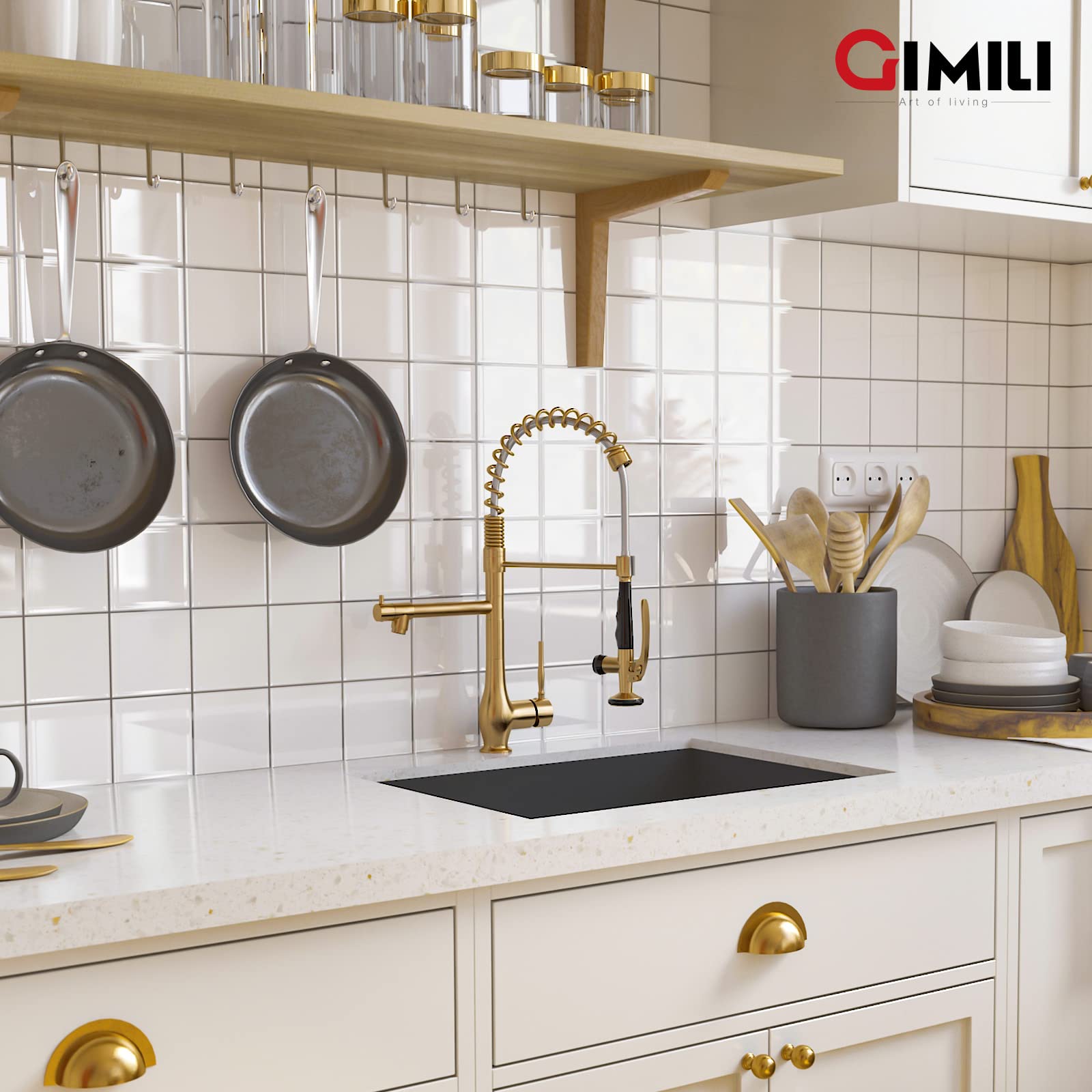 GIMILI Brushed Gold Kitchen Faucet with Pull Down Sprayer - Single Handle High Pressure Brass Sink Faucet - Commercial Grade Double Head Design with Deck Plate - Perfect for Modern Kitchens & Restaurant Use