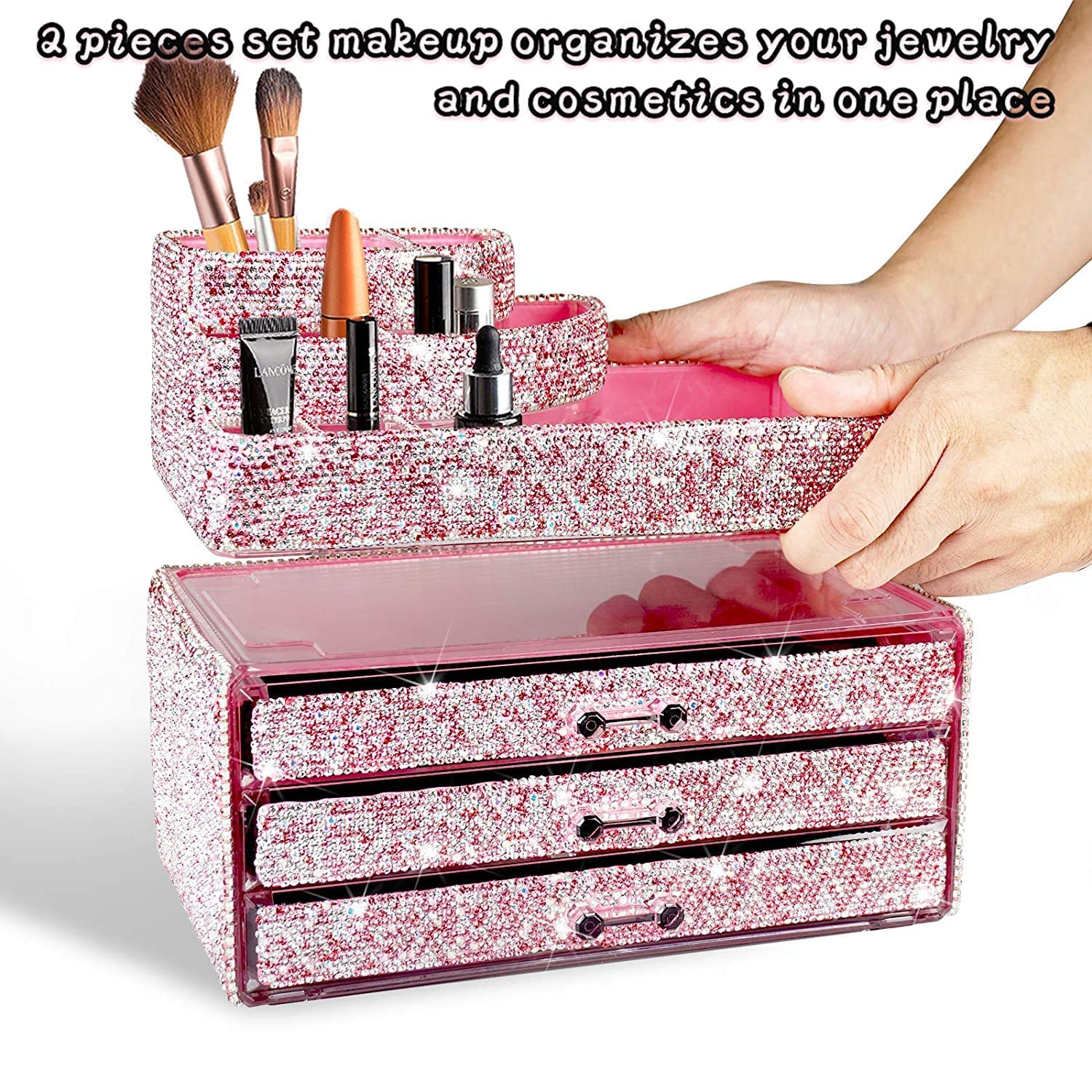 KEYPOWER Bling Rhinestone Makeup Organizer with 12PCS Makeup Brushes & Pouch Bag - Pink Cosmetic Jewelry Storage Drawer for Vanity, Bathroom & Travel Organization