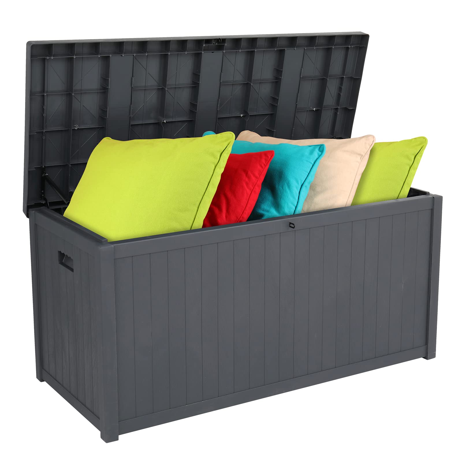 VINGLI Upgraded 113 Gallon Outdoor Storage Box with Lockable Lid - Waterproof Plastic Deck Box with Wooden Grain Surface - Perfect for Garden, Pool, Balcony, Yard Storage (Grey) | Organize Patio Furniture, Pool Toys & Seasonal Items