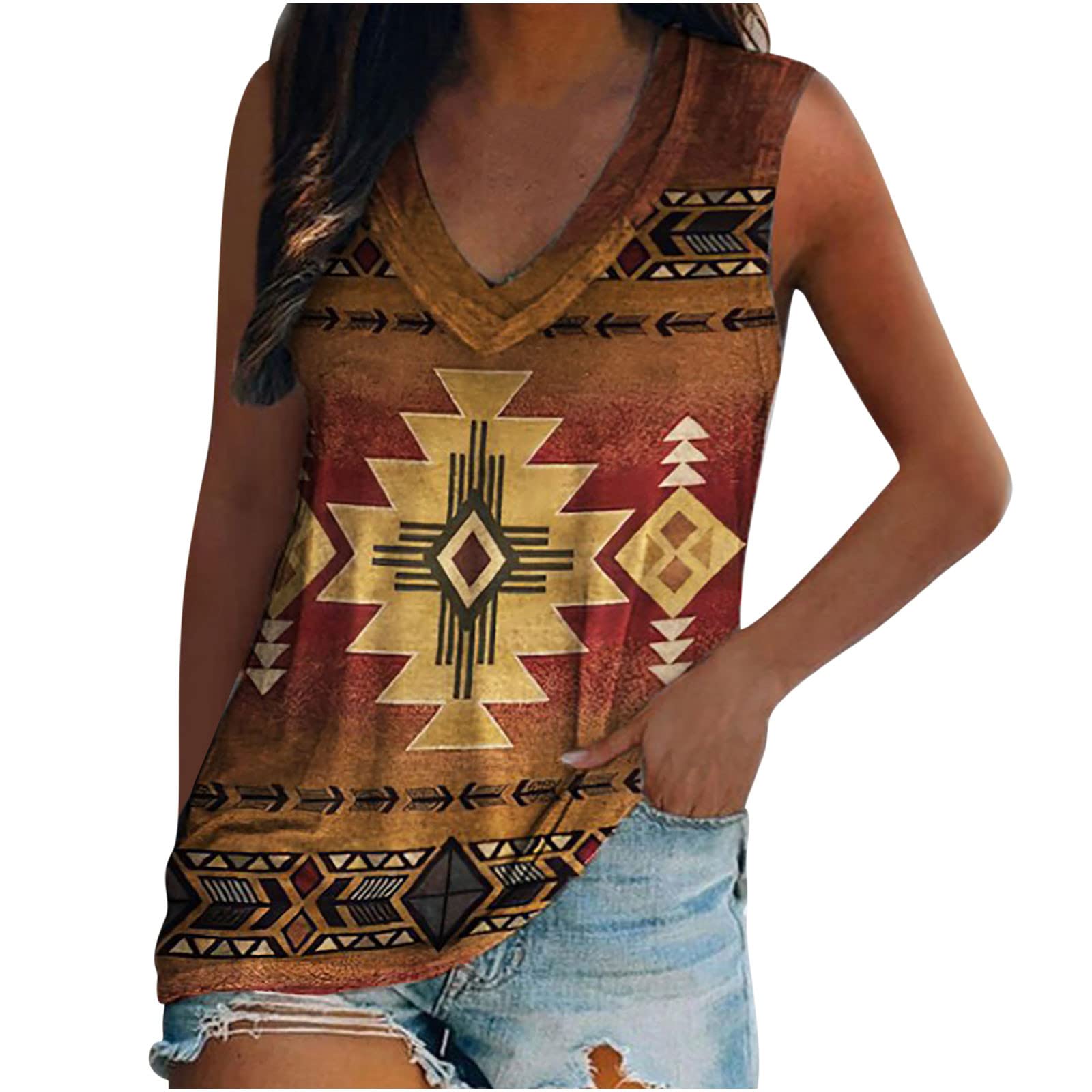 Plus Size Women's V-Neck Sleeveless Tunic Tank Tops - Casual Summer Geometric Graphic Tees - Perfect for Beach, Yoga & Everyday Wear