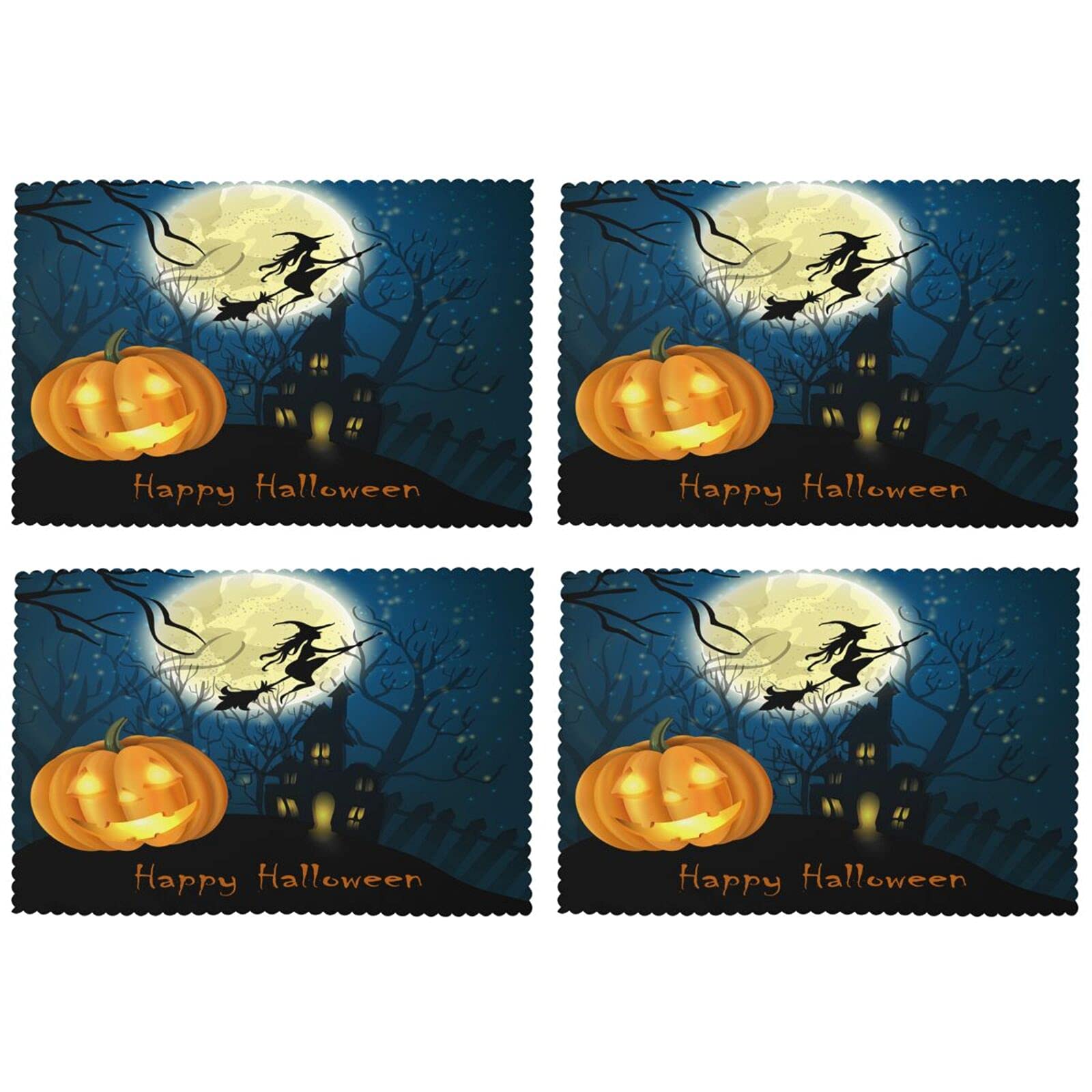 VunKo Halloween Placemats Set of 4 - 12x18 Inch Full Moon Design Washable & Heat-Resistant Table Mats for Kitchen Dining - Blue Home Decor (Perfect for Halloween Parties & Fall Home Decorations)