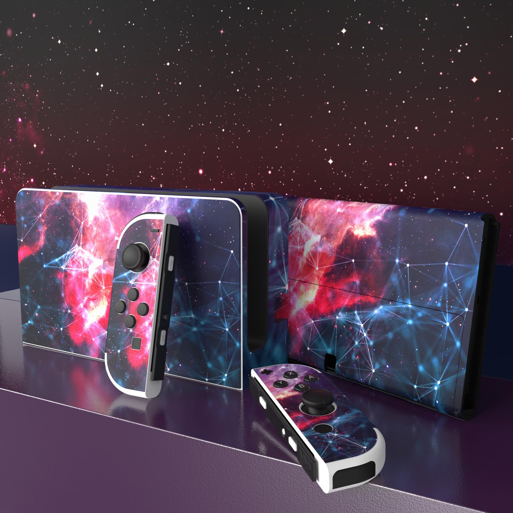 PlayVital Full Protective Sticker Set for Nintendo Switch OLED Model - Custom Vinyl Decal Skin for Console, Joy-Con, Dock & Grip - Galaxy Space Design | Perfect for Gaming Protection & Personalized Style