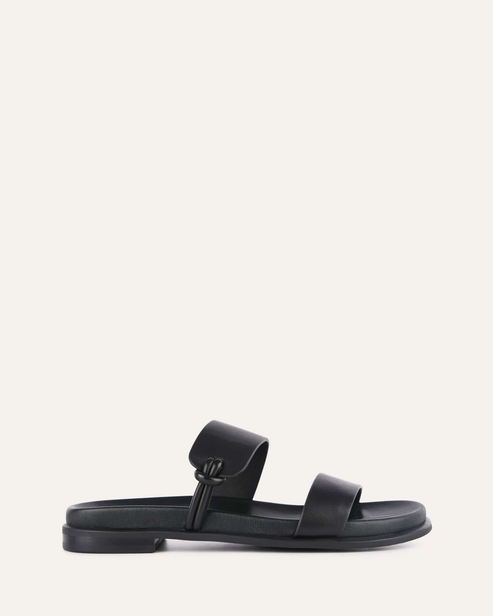 HAYES Women's Flat Sandals - Black Leather Comfortable Slip-On Casual Shoes for Summer, Beach, and Walking