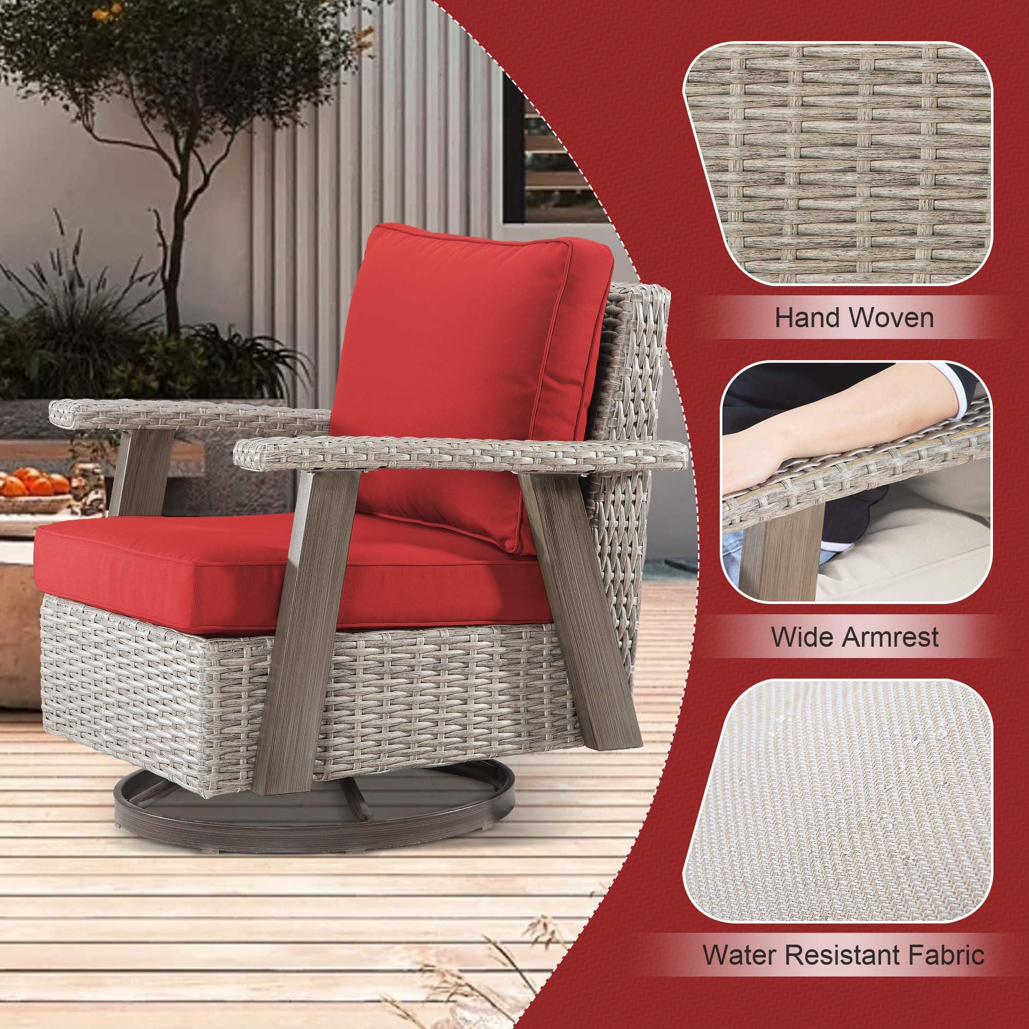 2-Piece Outdoor Swivel Rocking Chair Set - Rattan Wicker Patio Furniture with Cushion for Porch, Deck, Balcony & Garden (Red) | Perfect for Relaxing, Entertaining & Outdoor Conversations