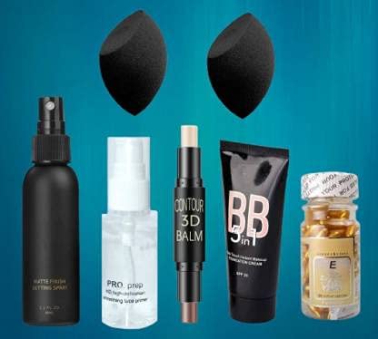 SHENY HD Makeup Combo Pack - 1 Pre Primer, 1 Fixer, 1 Contour 3D Balm Stick, 1 BB 5-in-1 Foundation, 1 Face Capsule Vitamin E, 2 Beauty Blenders | Complete Makeup Kit for Flawless HD Look, Contouring & Long-Lasting Coverage | Perfect for Professional Makeup Artists, Bridal Makeup & Daily Beauty Routine