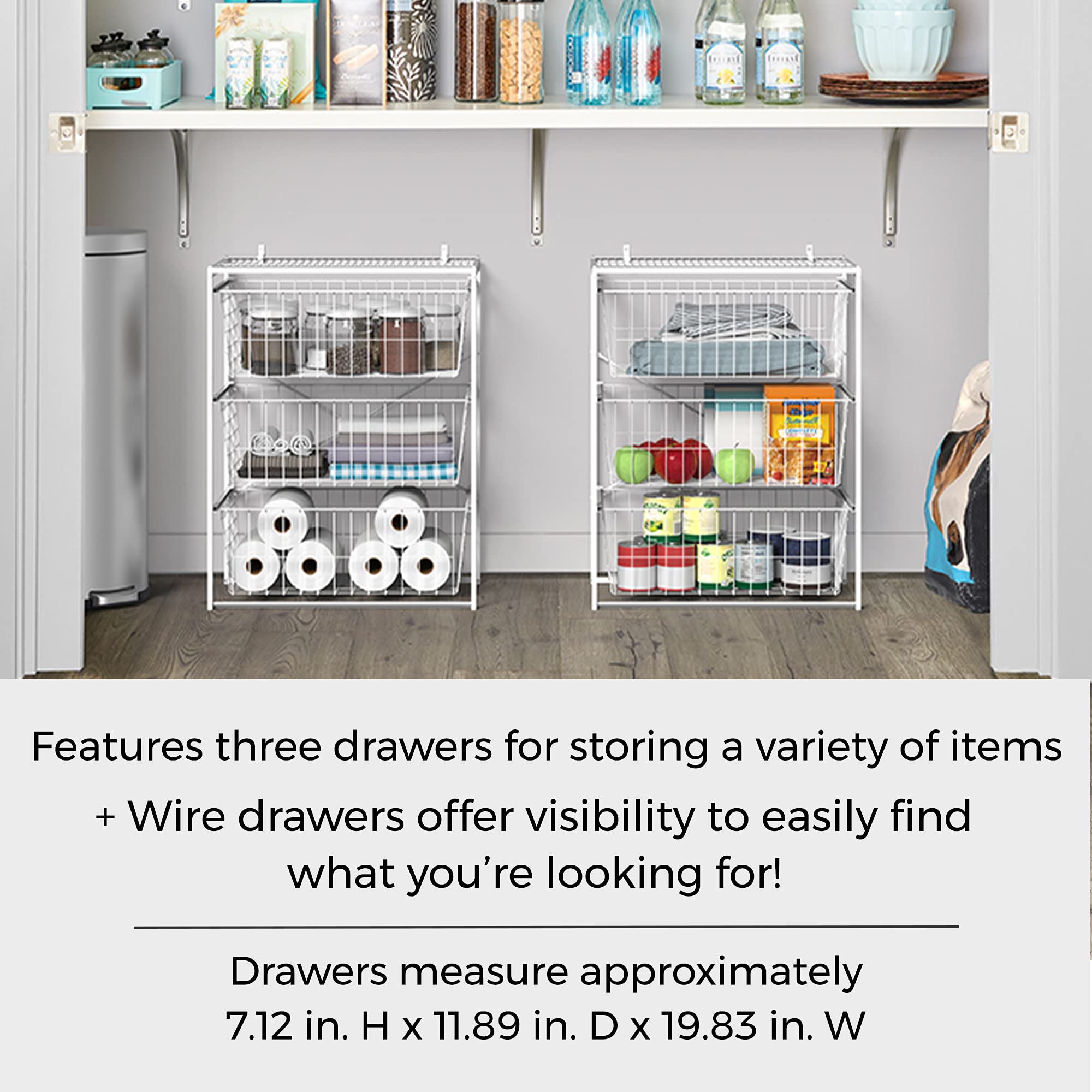 ClosetMaid 3-Tier Wire Basket Drawer Organizer - Steel Storage Shelf for Pantry, Closet & Laundry Room - Easy Assembly White Space Saver - Perfect for Bedroom, Bathroom & Kitchen Organization