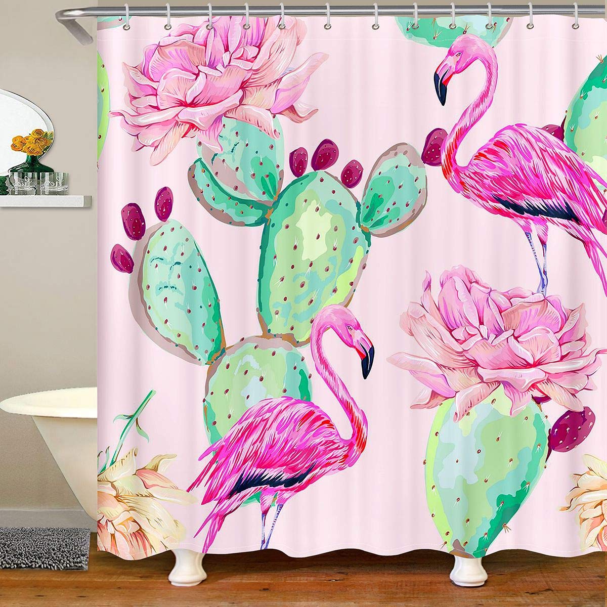 Feelyou Flamingo Shower Curtain Set - Tropical Cactus & Botanical Animal Print Bathroom Decor for Girls & Teens - Waterproof 72x84 Inches - Bright Pink & Green - Perfect for Beach-Themed Bathrooms, Kids Rooms & Tropical Home Decor
