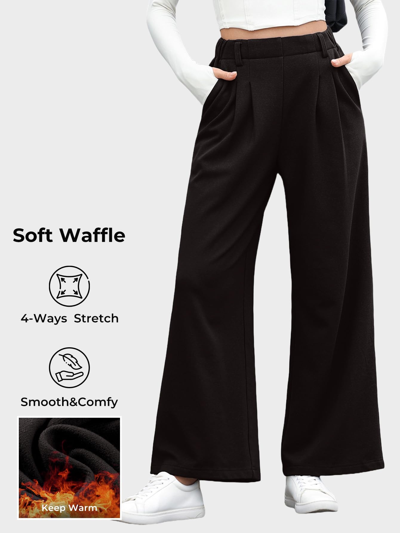 EVALESS Women's High Waisted Wide Leg Palazzo Pants - Soft Waffle Knit Fleece with Elastic Waistband & Pockets | Comfortable Lounge Pants for Home, Office & Casual Outings