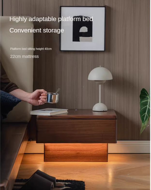 Premium Black Walnut Solid Wood Nightstand with LED Light Drawer - Stylish Bedside Table for Bedroom, Living Room, or Guest Room