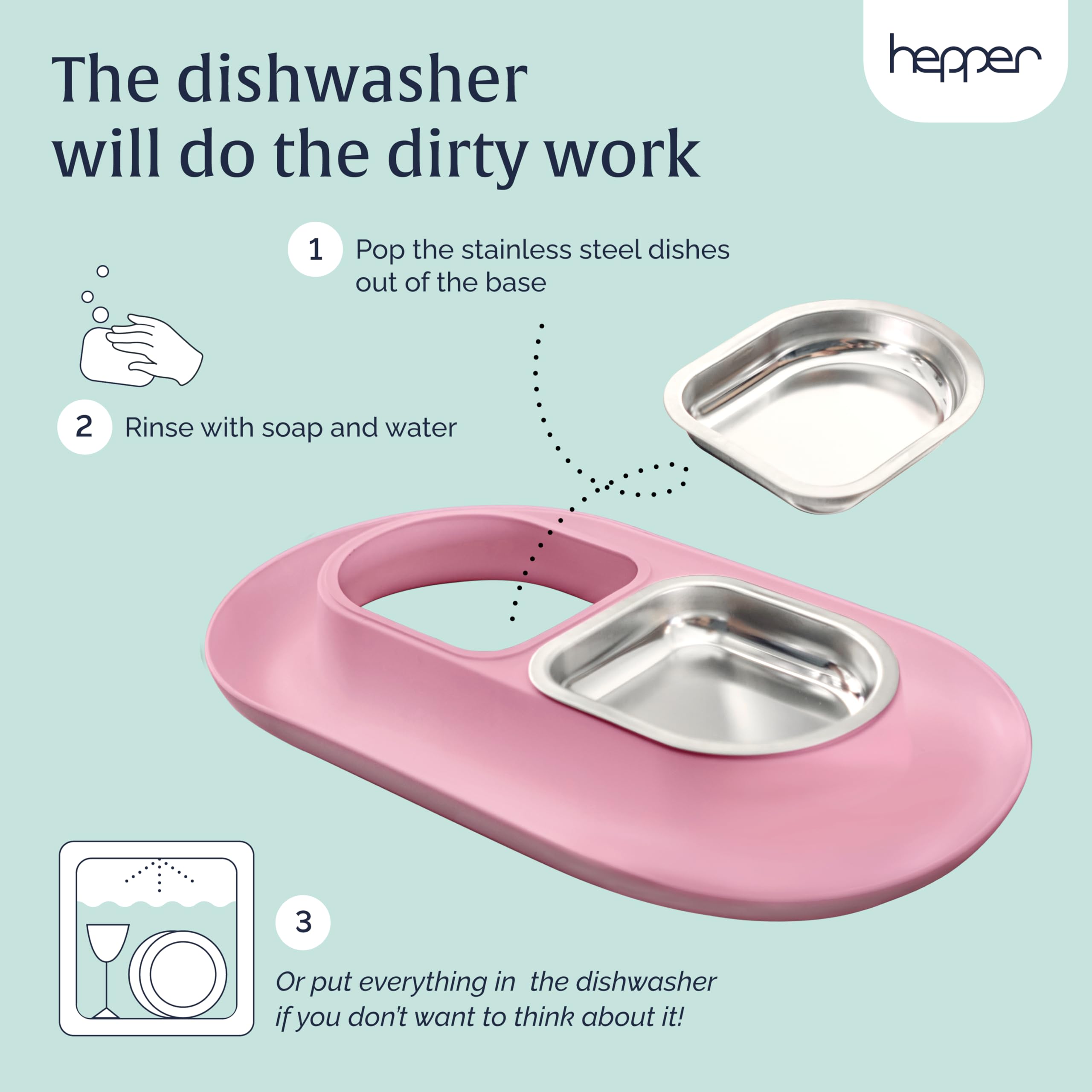 Hepper NomNom Spill Proof Elevated Cat Bowls - Stainless Steel Raised Cat Food & Water Dish with Whisker Relief - Non-Slip Pet Bowl for Messy Eaters - Perfect for Kittens, Adult & Senior Cats - Pink (Ideal for Home, Kitchen or Travel Use)