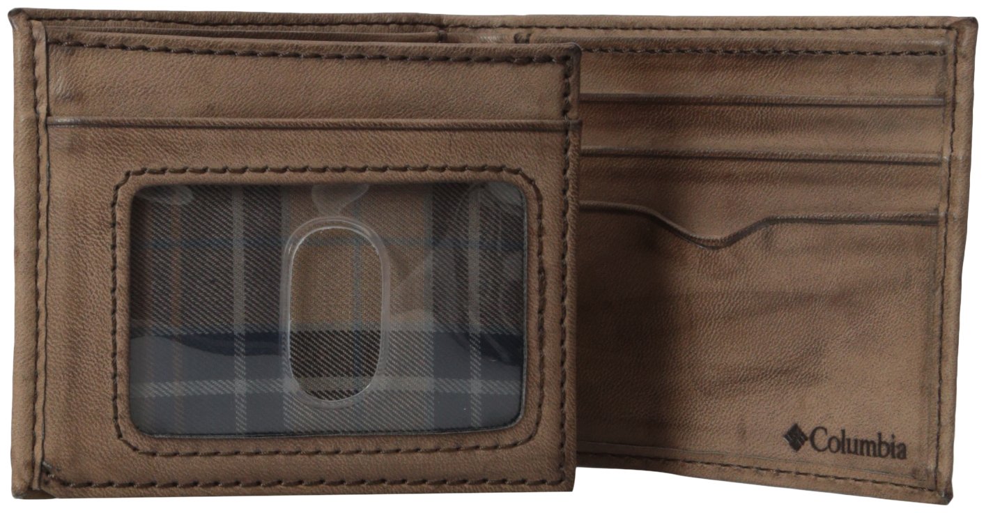 Columbia Men's RFID Blocking Traveler Wallet with Oversized Logo - Slim Leather Bi-Fold Wallet for Men - Secure Credit Card Holder for Travel, Business & Everyday Use (Brown, One Size)