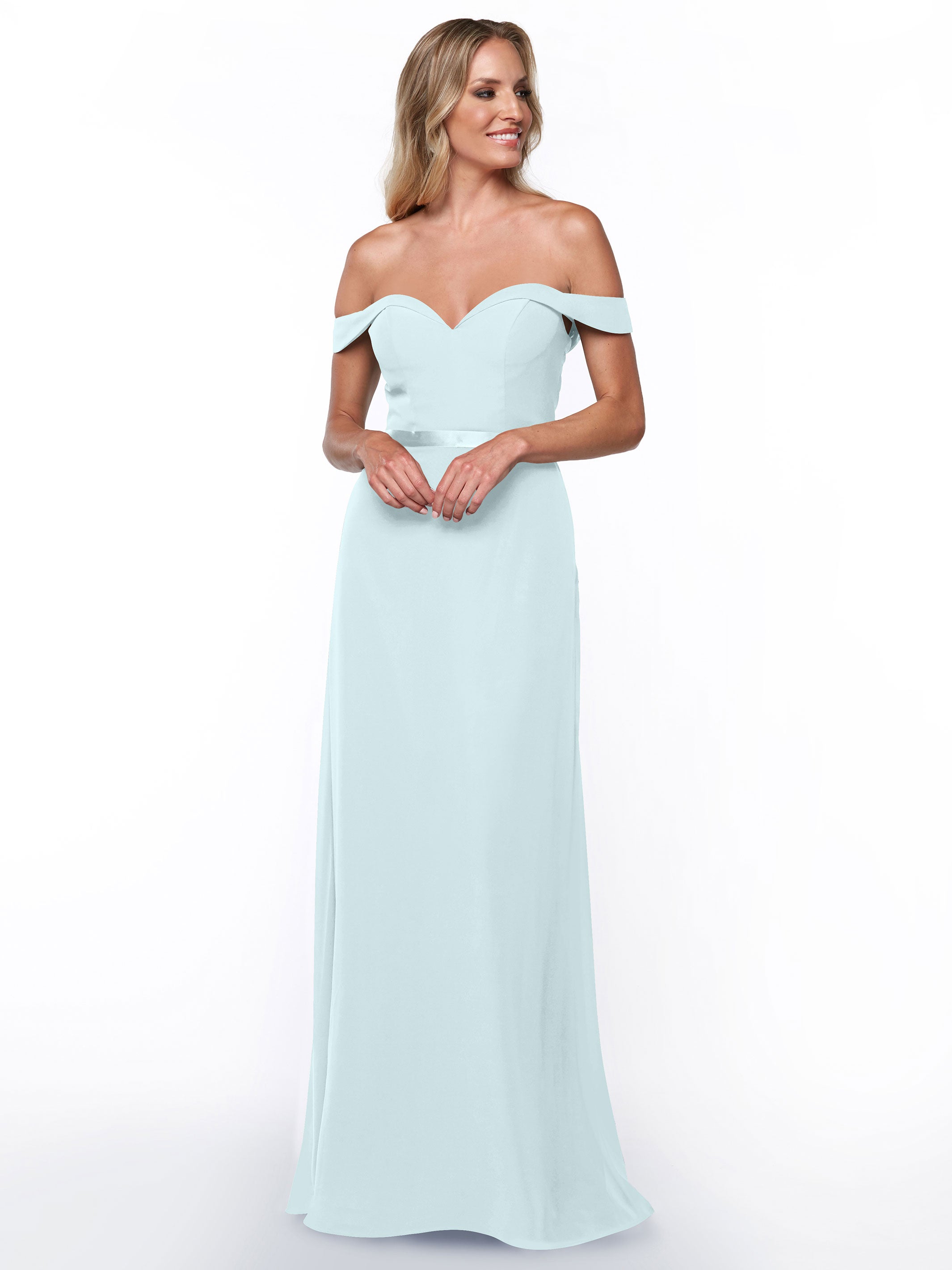 Elegant 80145 Off-The-Shoulder Chiffon A-Line Bridesmaid Dress with Sash - Perfect for Weddings, Formal Events & Special Occasions