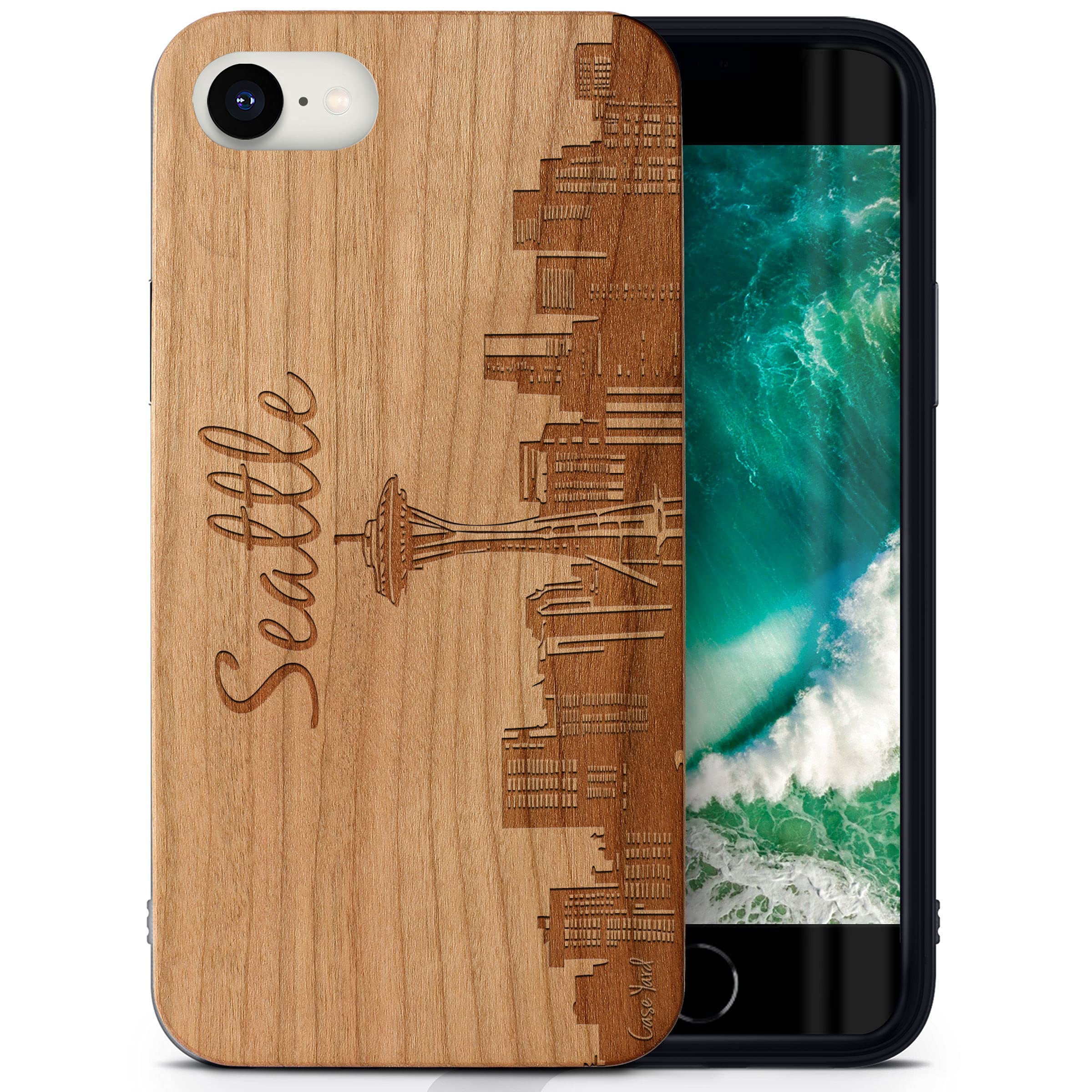 CaseYard Laser Engraved Seattle Skyline Cherry Wood Phone Case for iPhone SE - Slim Fit Shockproof Protective Cover for Men & Women - Perfect for Travel, Outdoor Adventures & Everyday Use