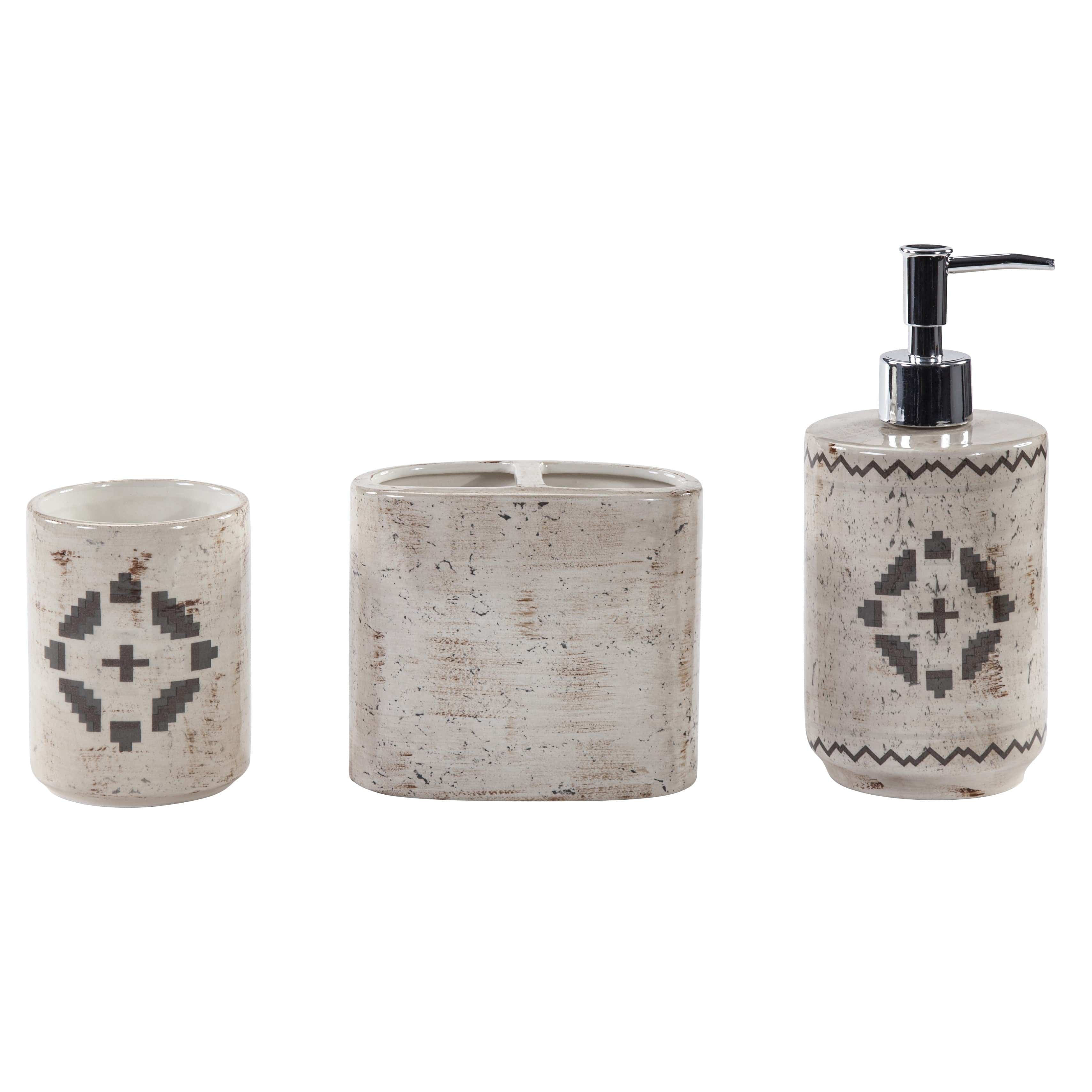 Dakota Ceramic 3-Piece Countertop Bathroom Set - Soap Dispenser, Toothbrush Holder & Tumbler Cup - Modern Vanity Organizer for Bathroom, Kitchen or Guest Room Decor
