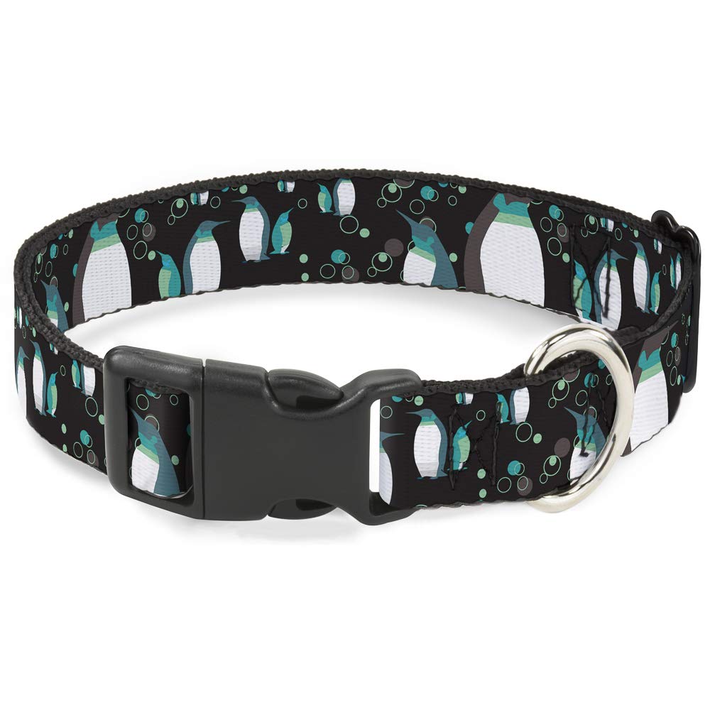 Buckle-Down Plastic Clip Dog Collar - Emperor Penguins with Bubbles Design (Black/Gray/Turquoise) - 1 Inch Wide - Adjustable 15-26 Inch Neck - Large Size - Perfect for Daily Walks, Pet Fashion & Outdoor Adventures