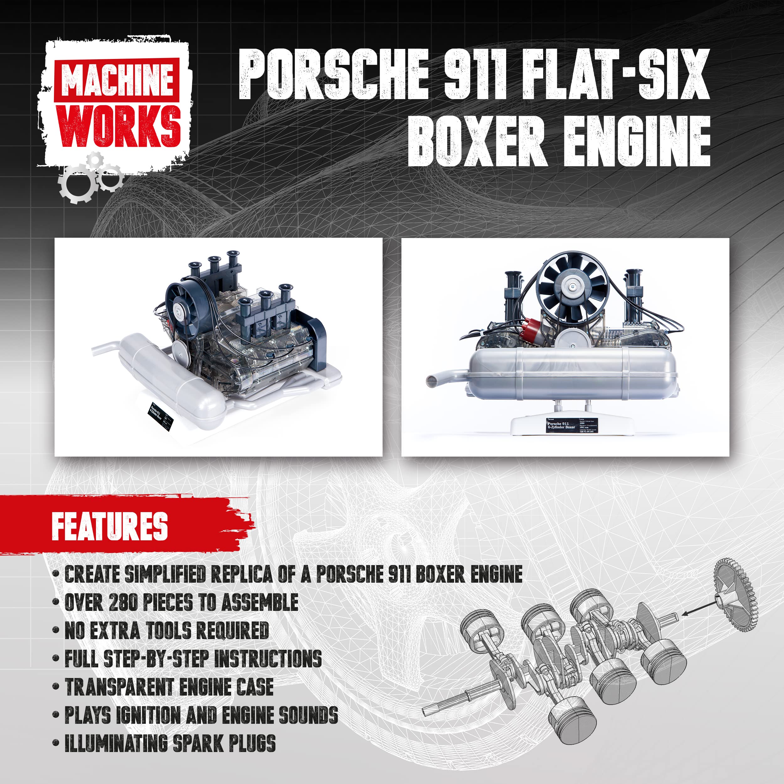 Build Your Own Porsche 911 Boxer Engine Toy - Replica Model Building Kit with Sounds & LED Lights - 280+ Pieces STEM Educational Toy for Ages 10+ - Perfect for Car Enthusiasts, DIY Projects & Display Collection