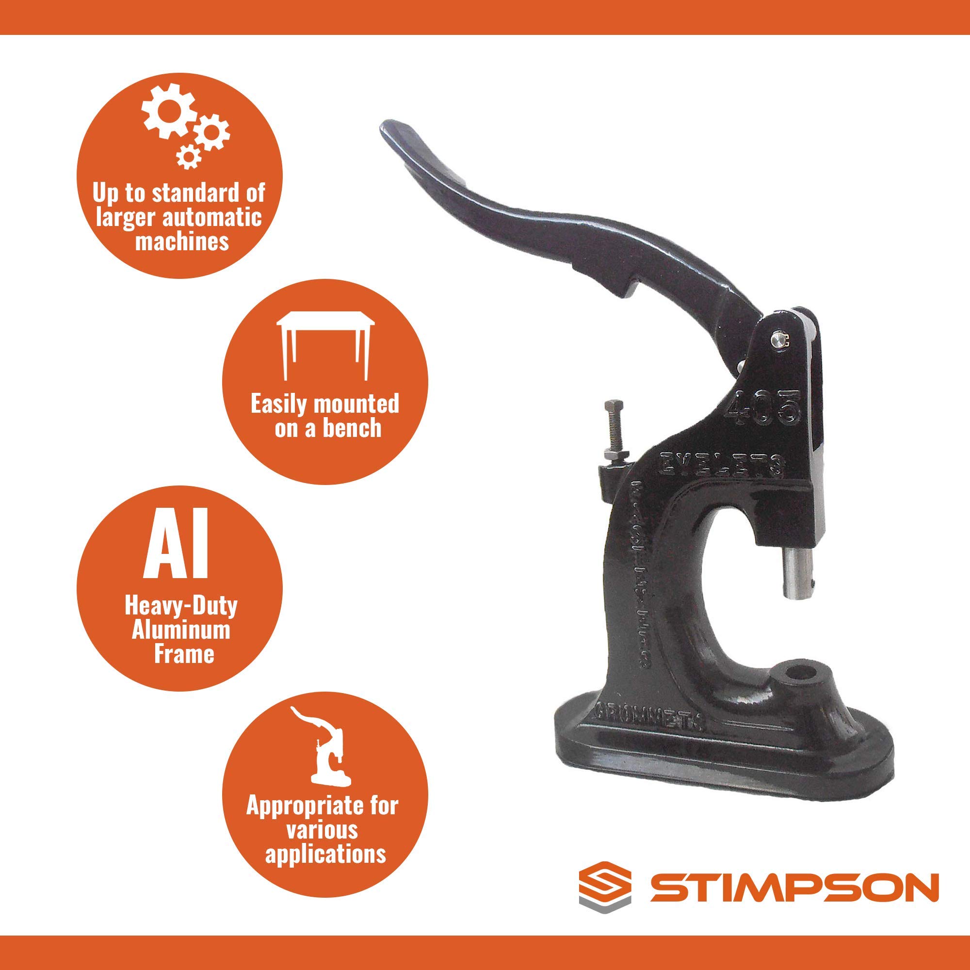 Heavy Duty Stimpson ST405 Grommet Press Machine for Fabrics, Tents & Leather - Professional Eyelet & Snap Setting Tool for Small/Large Holes - Perfect for DIY Crafts, Upholstery & Outdoor Gear Making (Setting Tools Sold Separately)