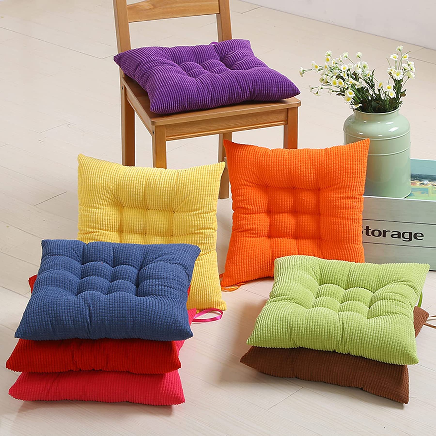Premium Non-Slip Corduroy Chair Cushion with Ties - 17x17 Inch Tufted Seat Pad for Kitchen, Dining, Office & Car Chairs - Comfortable & Stylish Blue Home Decor (Perfect for Living Room, Patio & Workspace)