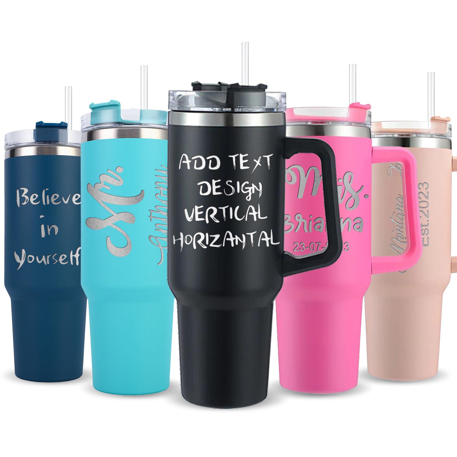 Custom 40oz Personalized Stainless Steel Tumbler with Lid, Straw & Handle - Engraved Name/Logo - Insulated Travel Mug for Hot & Cold Drinks - Perfect Gift for Men & Women - Ideal for Office, Gym, Hiking & Outdoor Activities