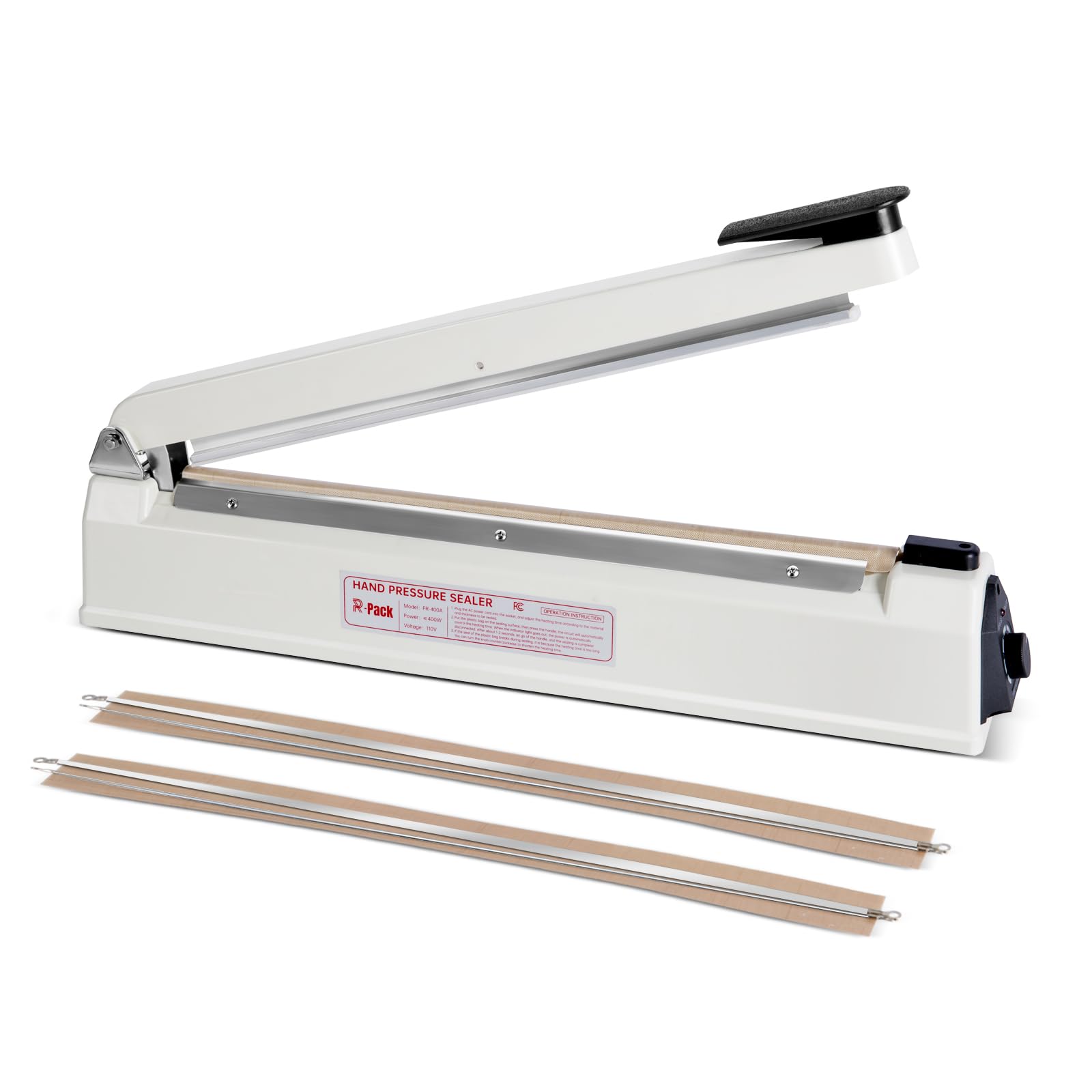 Heavy-Duty 16-Inch Impulse Heat Sealer with Seal Bar - Bag Sealing & Cutting Machine with 2 Extra Replacement Parts (White) - Perfect for Food Packaging, Vacuum Sealing & Industrial Use
