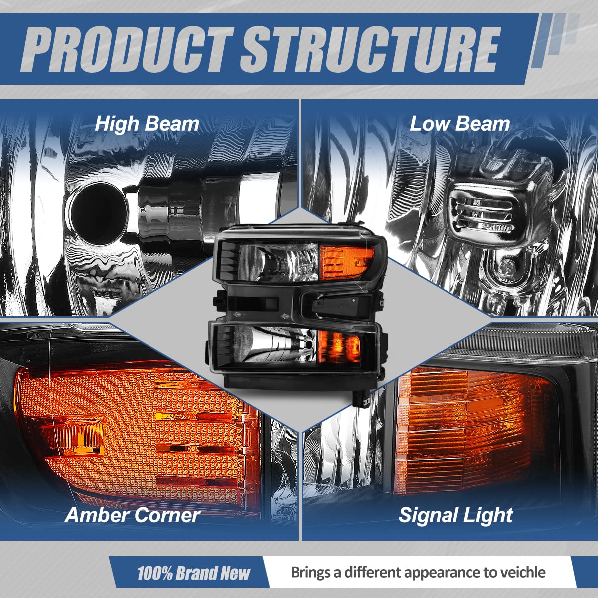 Auto Dynasty Headlights Assembly Replacement for 2019-2024 Chevy Silverado 1500 WT/LTD/Custom/Custom Trail Boss - Black Housing with Amber Corner (Driver & Passenger Side) | Durable LED Headlamps for Night Driving & Off-Road Adventures