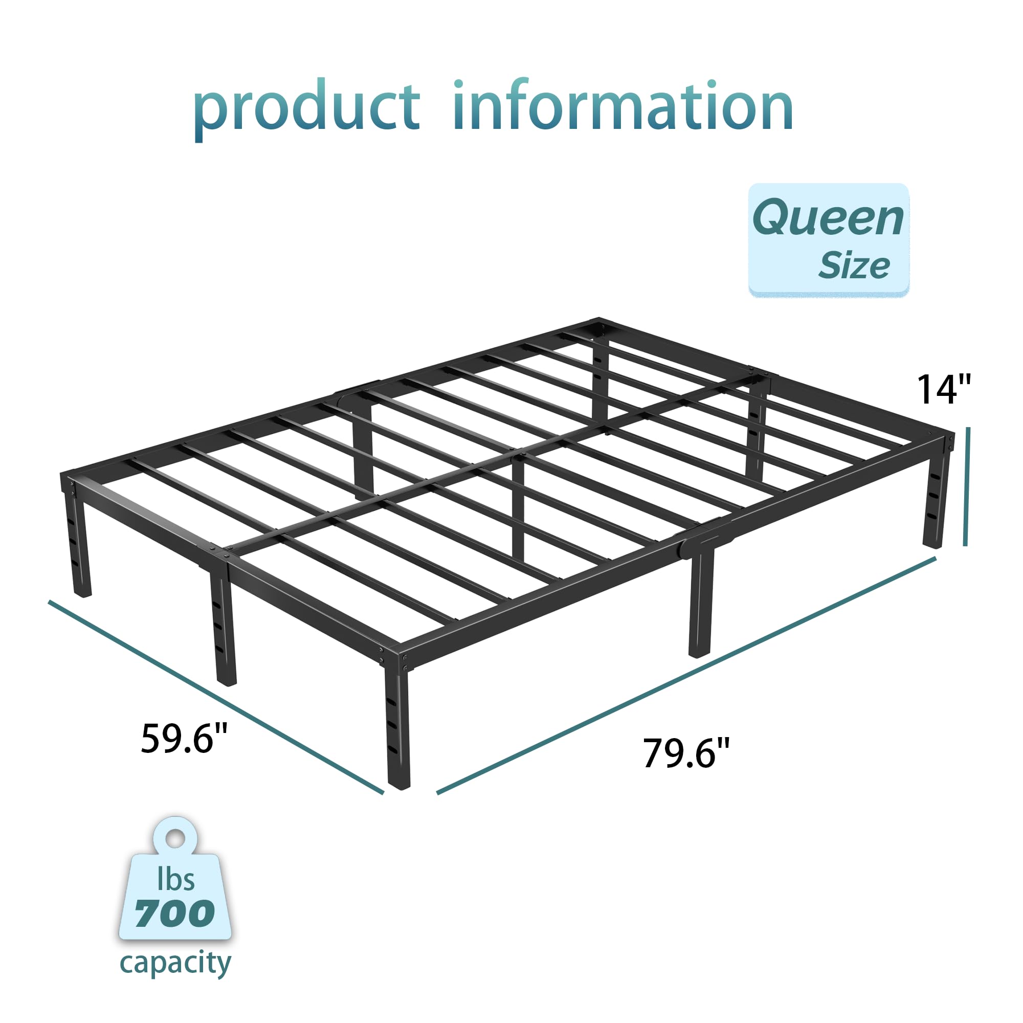 14 Inch Metal Platform Bed Frame Queen Size - Steel Slat Support, No Box Spring Needed - Easy Assembly with Storage Space - Black - Perfect for Modern Bedrooms & Guest Rooms