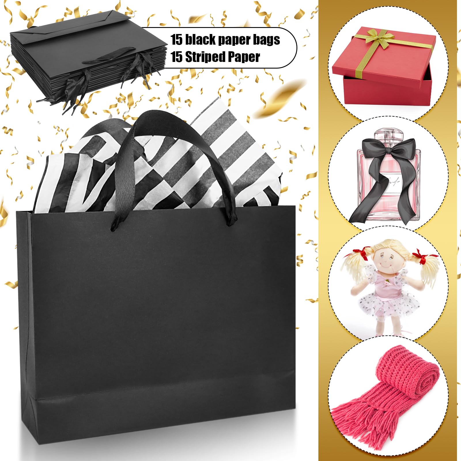 Rcybeo 15 Pack 10.6x3.1x8.3 Inch Black Gift Bags with Tissue Paper & Ribbon Handles - Elegant Retail, Grocery, Boutique Packaging for Weddings, Birthdays, Parties & Gifts - Perfect for Holiday, Corporate & Special Occasion Gift Wrapping