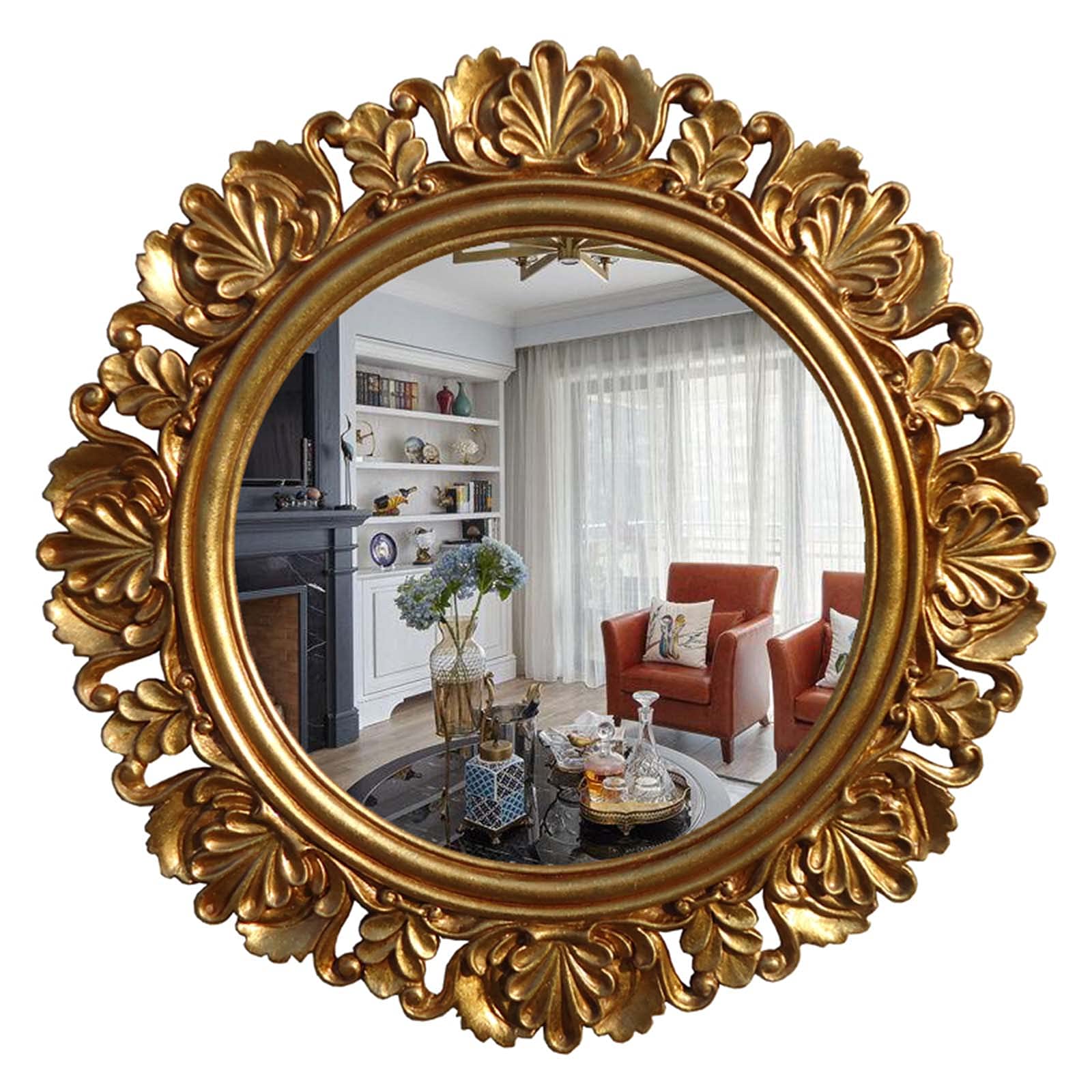 Vintage Golden Round Bathroom Mirror - Hand-Carved Wall Decor for Bathroom & Entryway