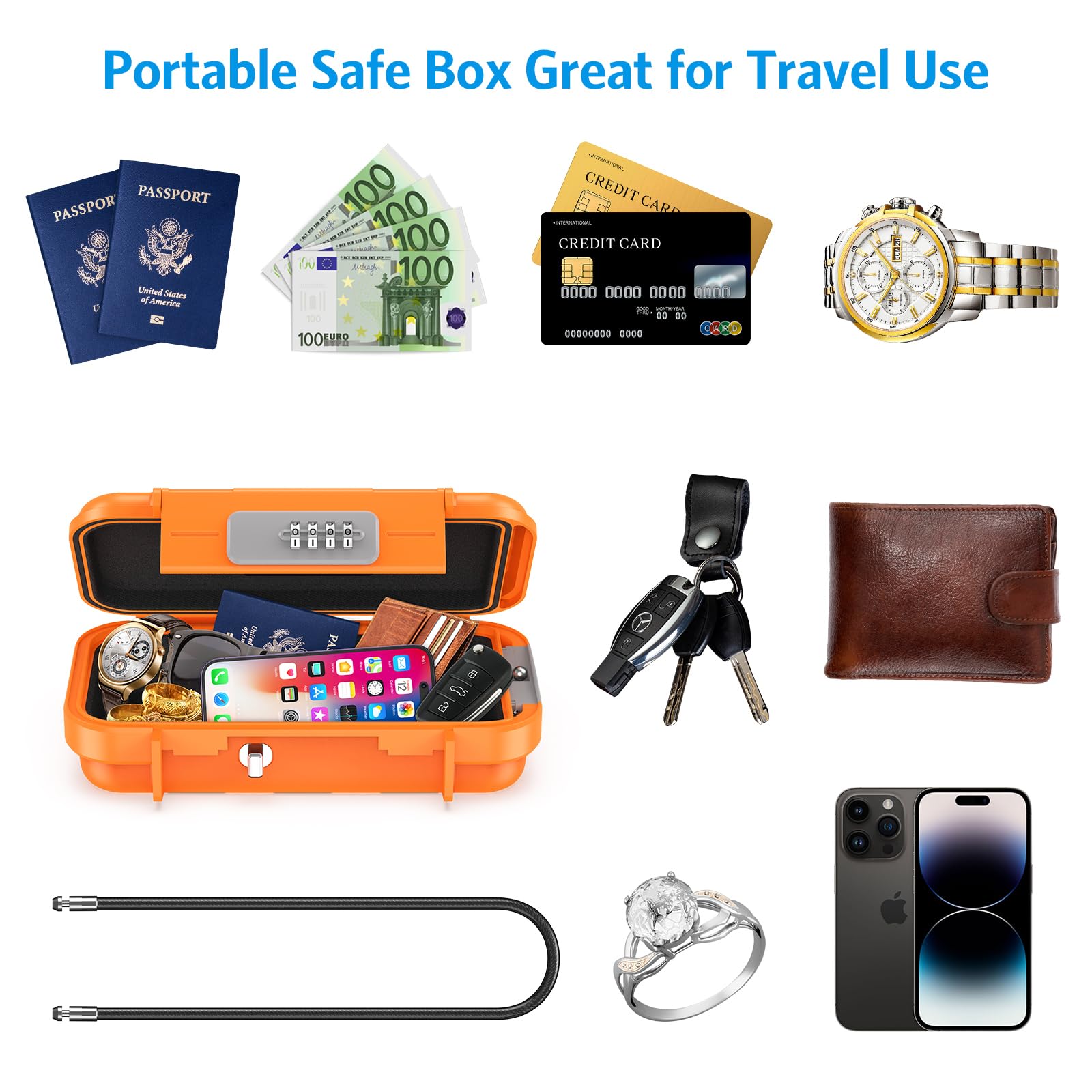AMIR Portable Combination Lock Box - Waterproof Anti-Theft Security Case with Code & Removable Chain | Mini Travel Safe for Dorm, Beach, Hotel, Gym & Camping | Secure Valuables Anywhere