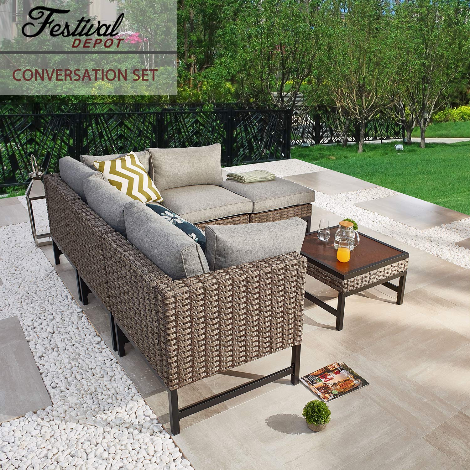 6-Piece Outdoor Patio Furniture Set - All-Weather Black Wicker Sectional Sofa with Square Coffee Table & Removable Cushions (Grey) - Perfect for Backyard, Garden, Poolside or Balcony Relaxation