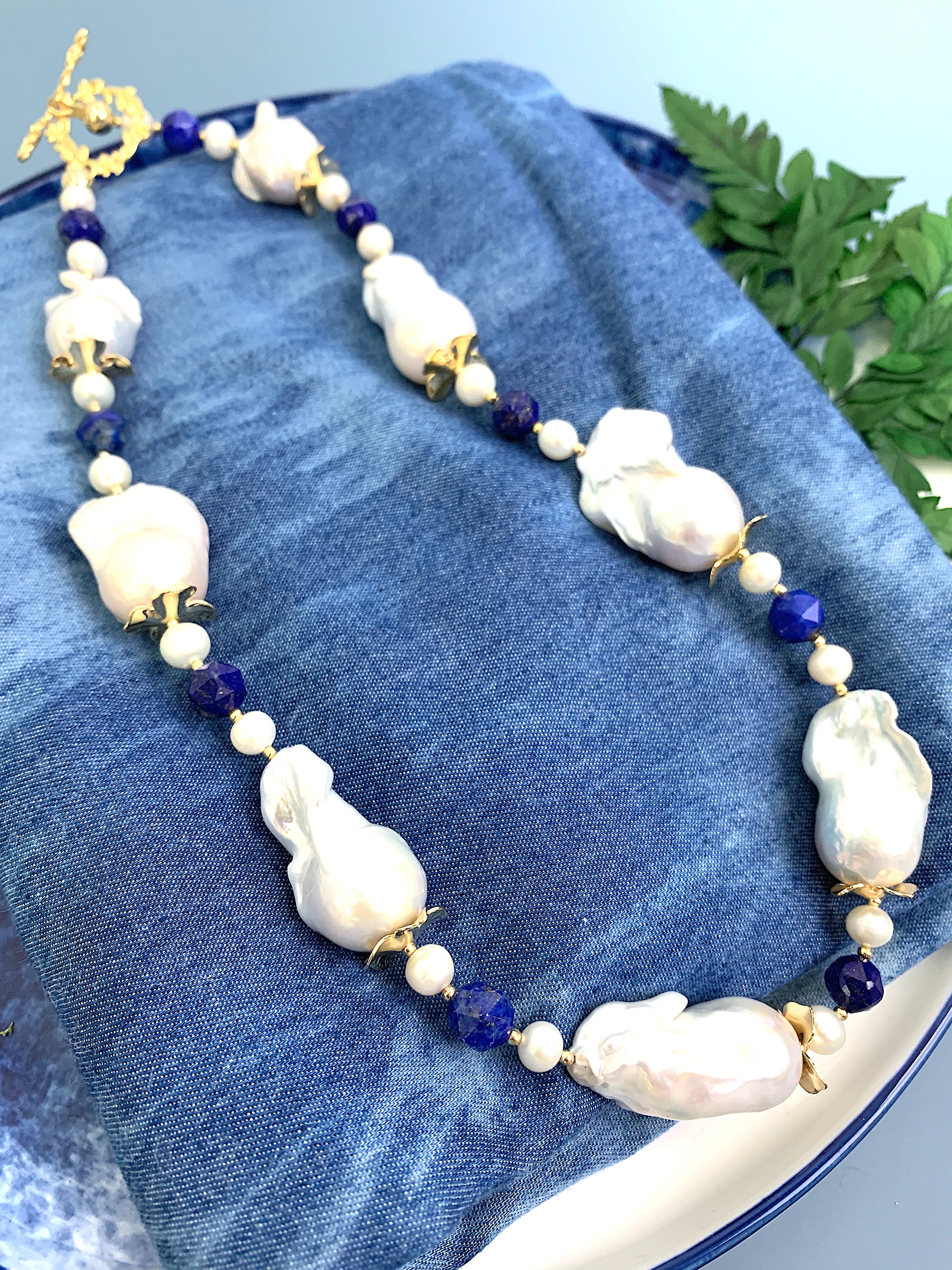 Elegant Baroque Pearls with Lapis Lazuli Short Necklace HN002 - Perfect for Weddings, Parties & Formal Occasions