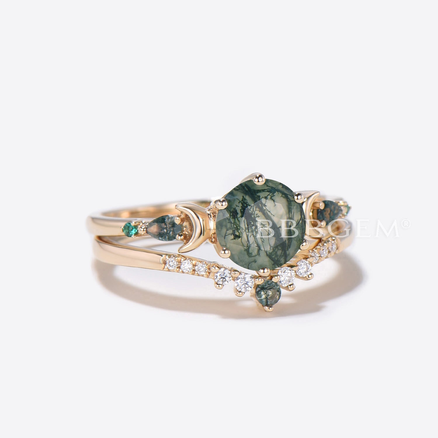 14K Gold Moss Agate Moon Engagement Ring – Elegant Aquatic Agate Wedding Band for Women, Perfect for Proposals, Anniversaries & Romantic Occasions