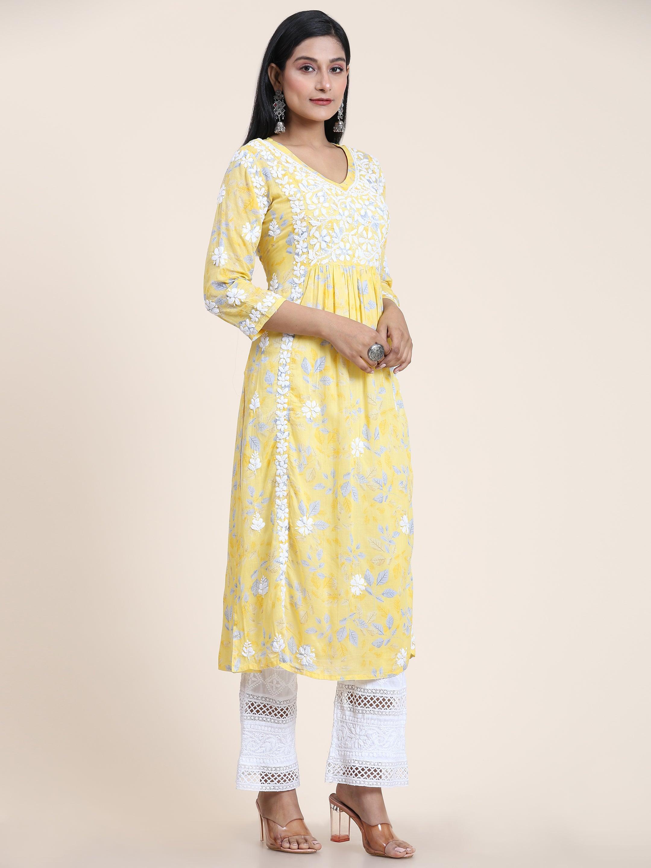 Samma Mul Printed Hand Embroidery Chikankari Kurta for Women - Yellow Ethnic Indian Tunic Top for Casual Wear & Festive Occasions