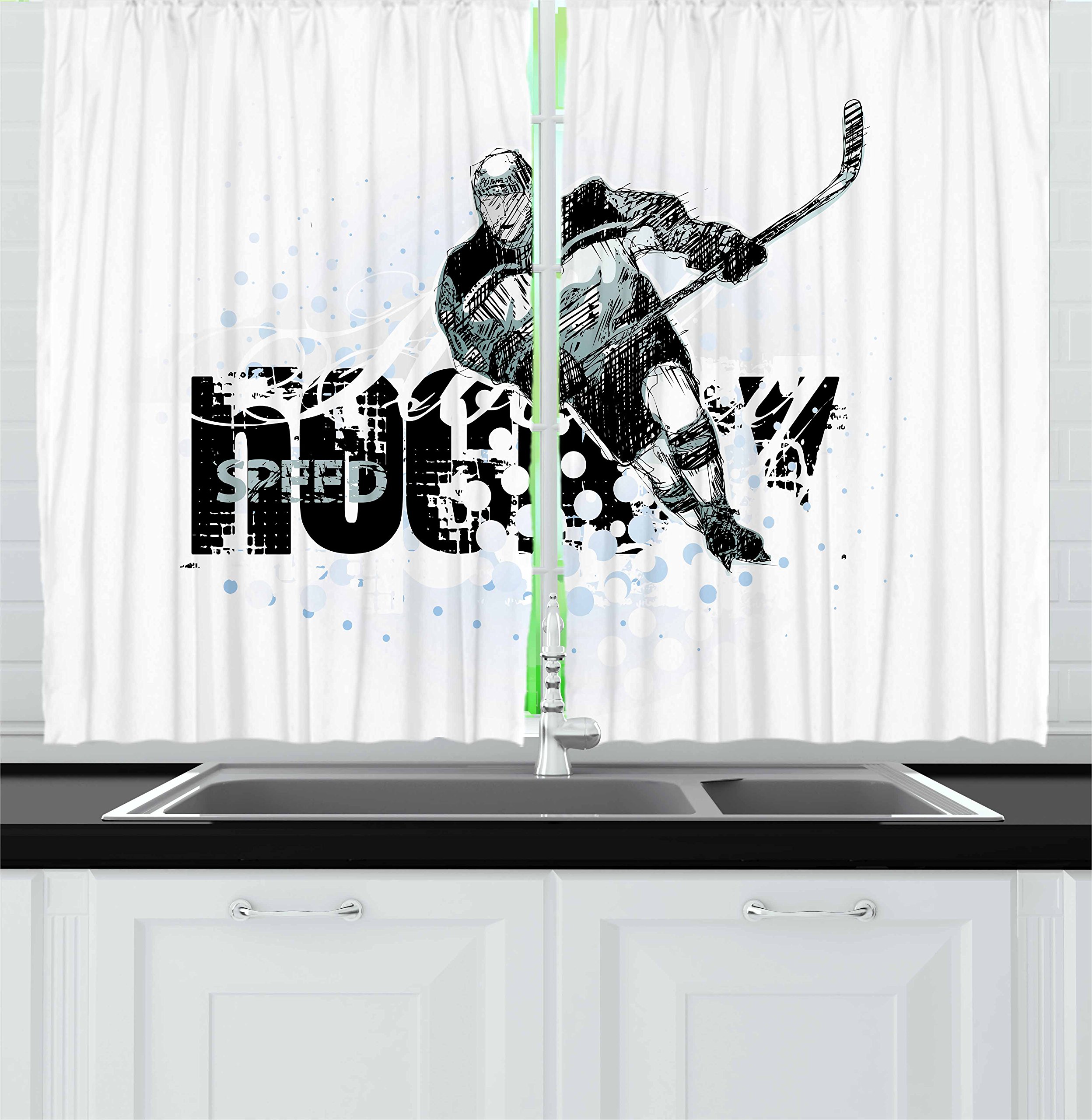 Ambesonne Hockey Themed Kitchen Curtains - Grunge Sketch Art of Professional Player Silhouette with Dots | 2-Panel Set for Kitchen & Cafe Decor | 55x39 Inches Black White Pale Blue | Perfect for Sports Bars, Game Rooms & Hockey Fan Home Decor
