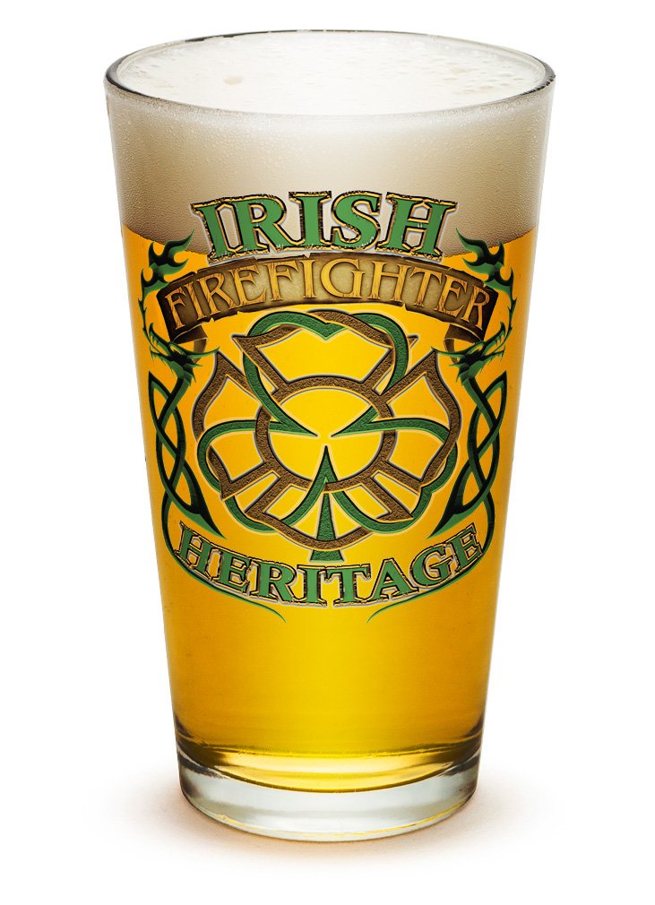 Premium 16oz Irish Heritage Firefighter Beer Pint Glasses - Set of 24 Highball Cocktail Mixing Cups with Logo - Perfect for Cold Beverages, Pubs, Bars & Home Entertaining - Classic Fireman Themed Drinkware for St. Patrick's Day & Gifts