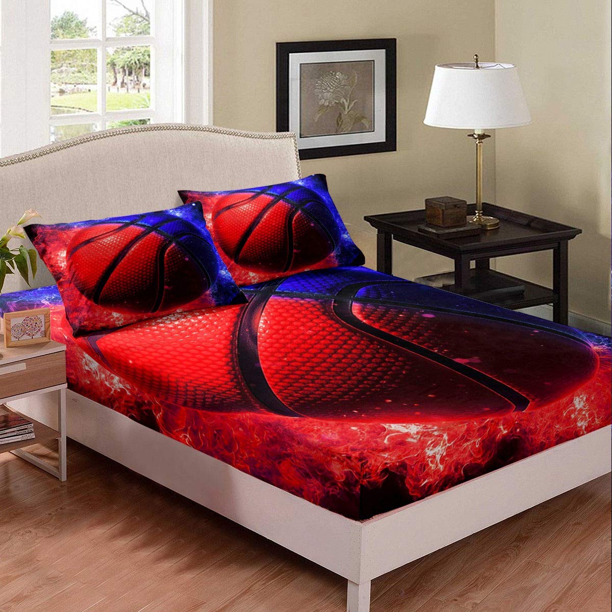 Kids Basketball Bedding Set - Twin Size Fitted Sheet & Pillowcase for Boys Room Decor | Sports Theme Bed Cover