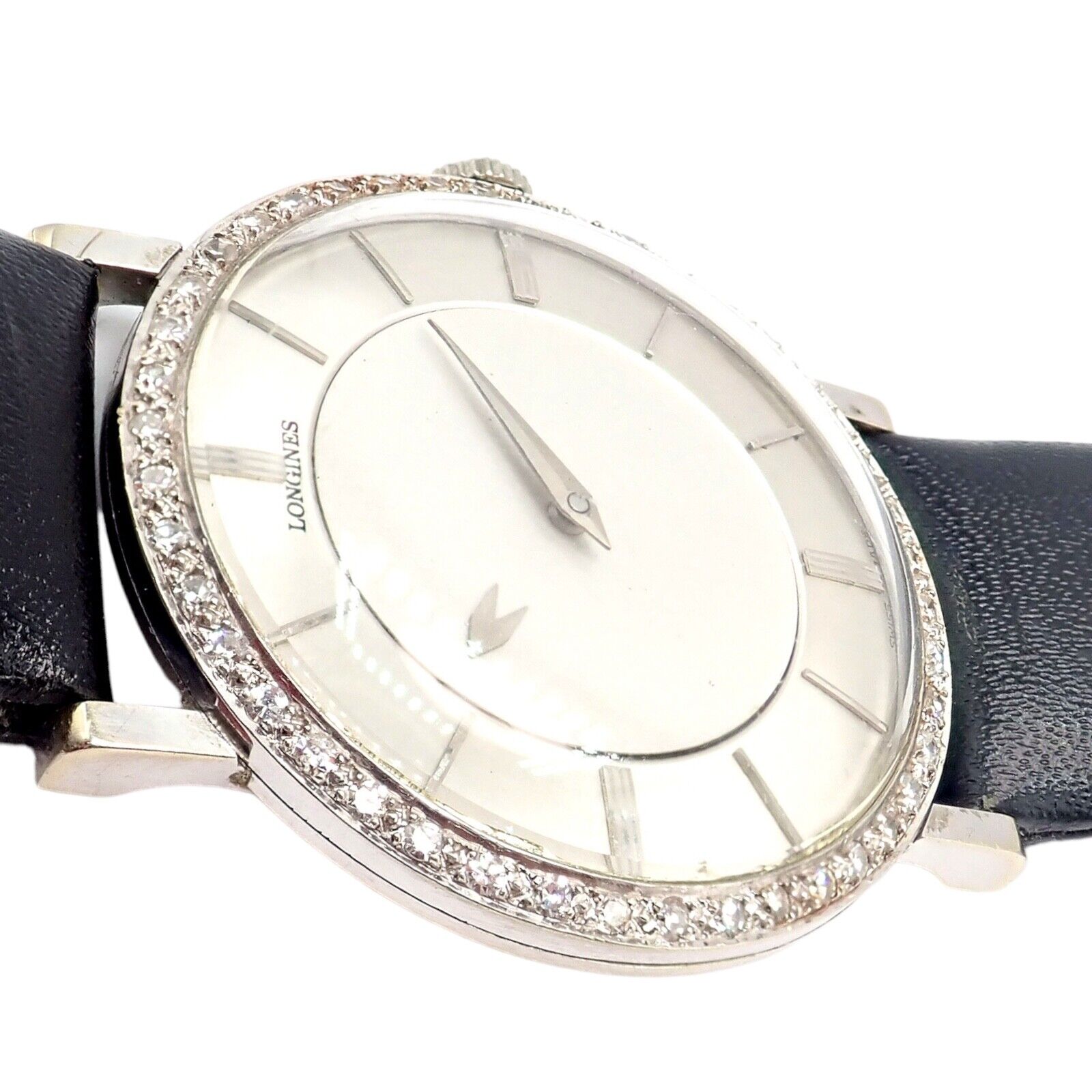 Vintage Longines 18k White Gold Diamond Bezel Manual Wind Mystery Dial Watch - Luxury Classic Timepiece for Formal Events & Special Occasions