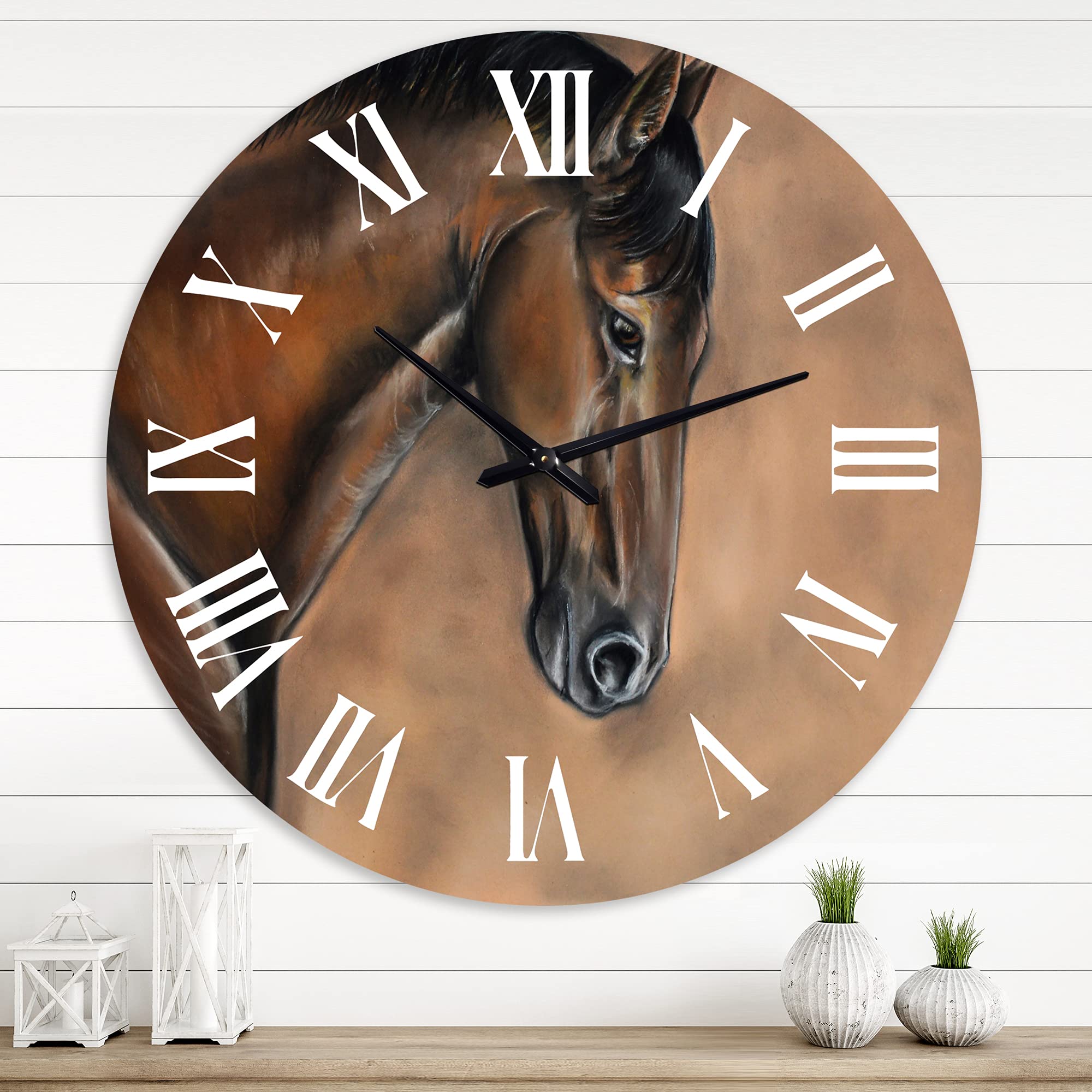 Farmhouse Wall Clock - Large Brown Bay Horse Portrait for Living Room, Kitchen, Bedroom & Office Decor | Rustic Animal-Themed Home Wall Art