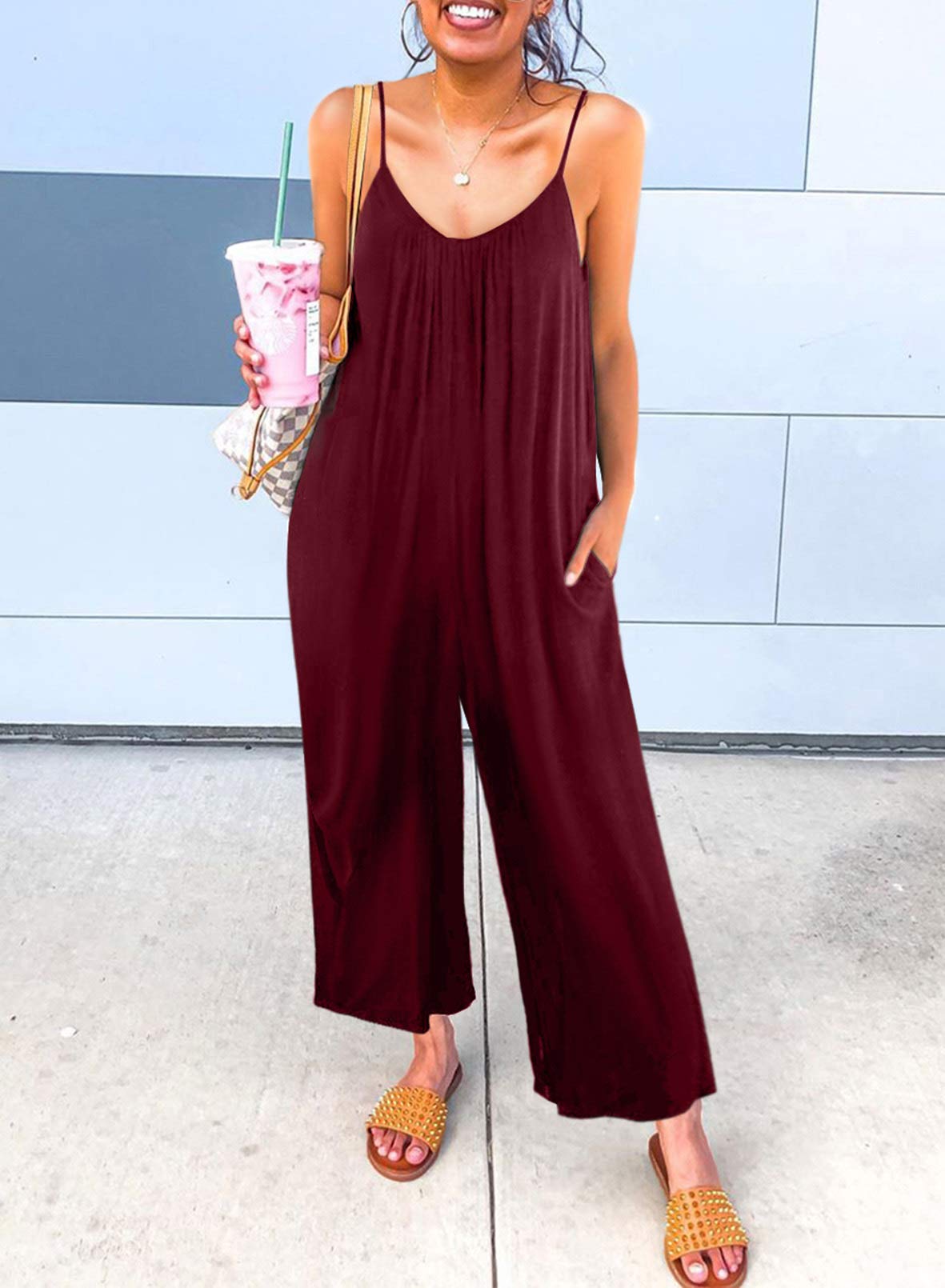 Dokotoo Women's Loose Sleeveless Jumpsuit - Adjustable Spaghetti Strap Stretchy Long Pant Romper with Pockets | Casual Summer Outfit, Beach Cover Up, Lounge Wear, Travel Jumpsuit