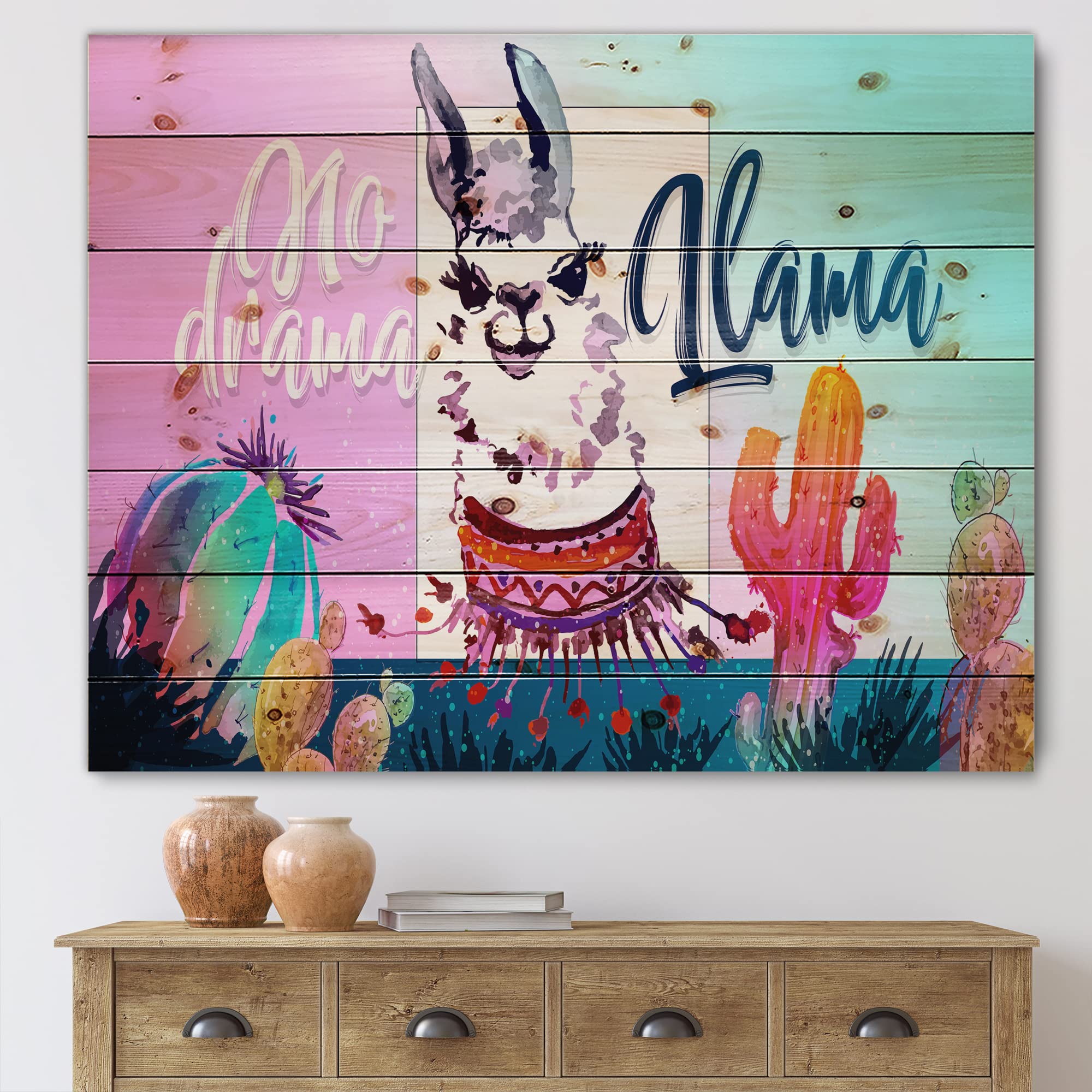 No Drama Llama Wood Wall Art for Kids - Pink Animal Decor, Large Printed Pine Wood Panel - Perfect for Nursery, Playroom & Children's Bedroom Decor
