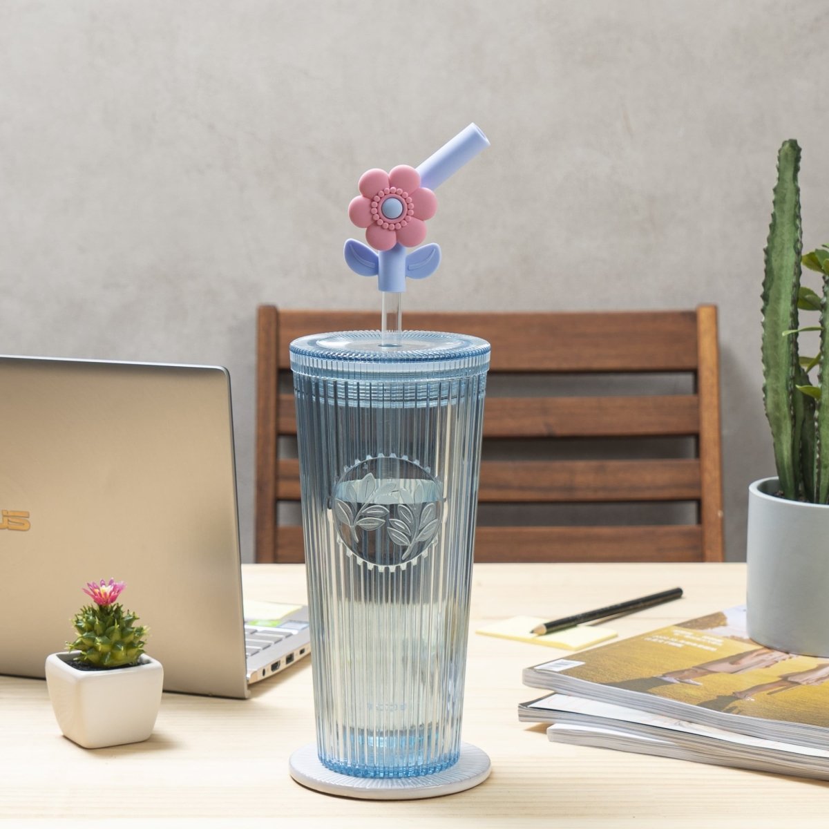 26oz Insulated Tumbler with Straw & Leak-Proof Lid - Cute Flower Silicone Straw Tips in Botanica Blue - Perfect for Iced Coffee, Smoothies & Outdoor Activities
